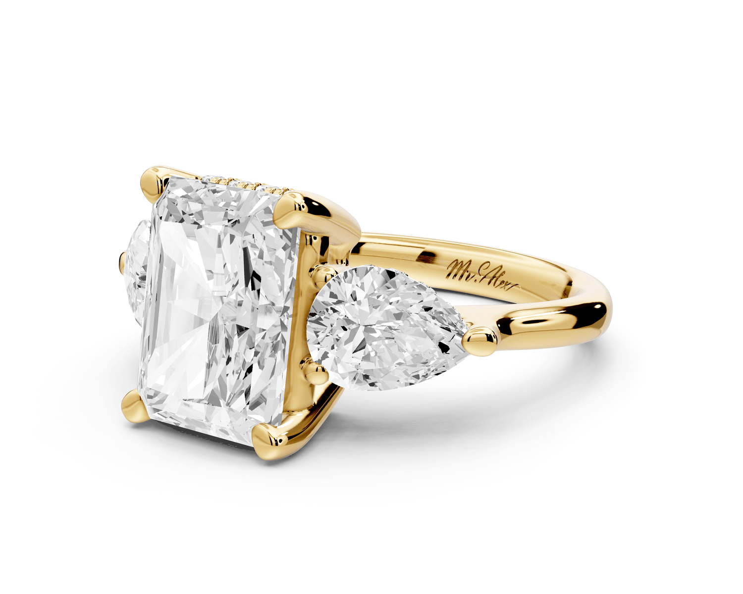 Stella - 3ct 14k yellow gold Three Stone radiant with pears Hidden Halo Engagement Ring - Mr. Alex Jewelry
