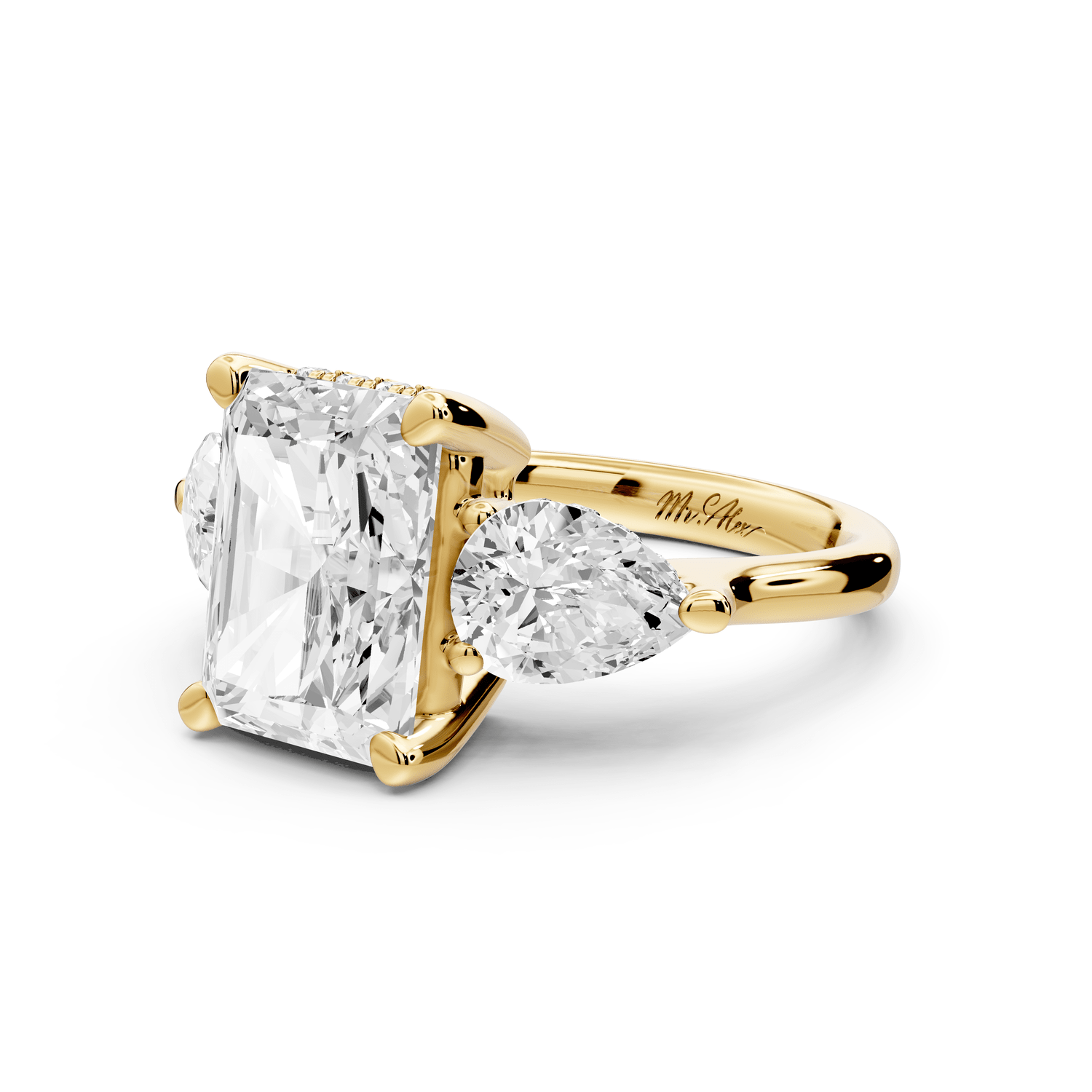 Stella - 3ct 14k yellow gold Three Stone radiant with pears Hidden Halo Engagement Ring - Mr. Alex Jewelry