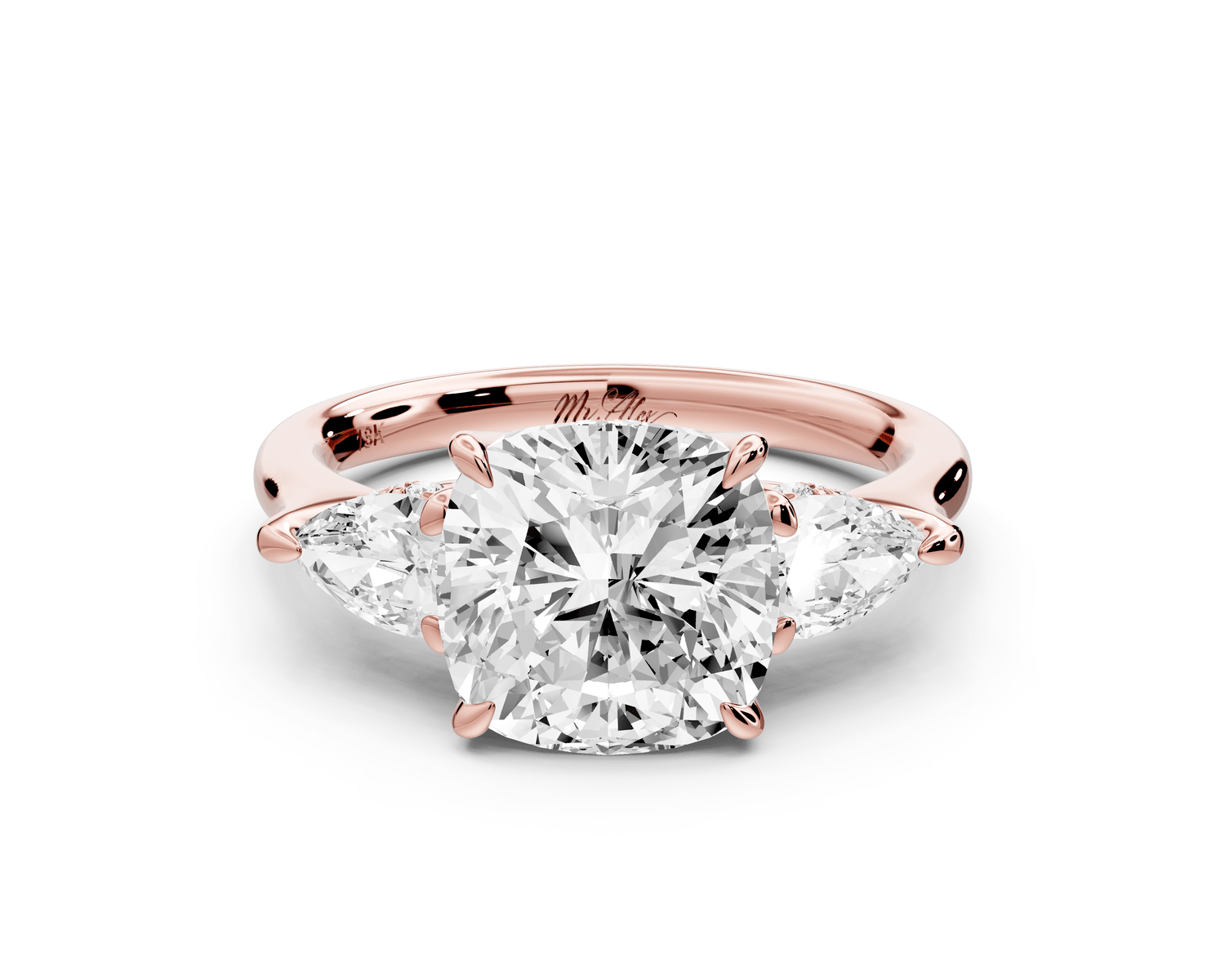 Stella - 3ct 18k rose gold Three Stone cushion with pears Hidden Halo Engagement Ring - Mr. Alex Jewelry