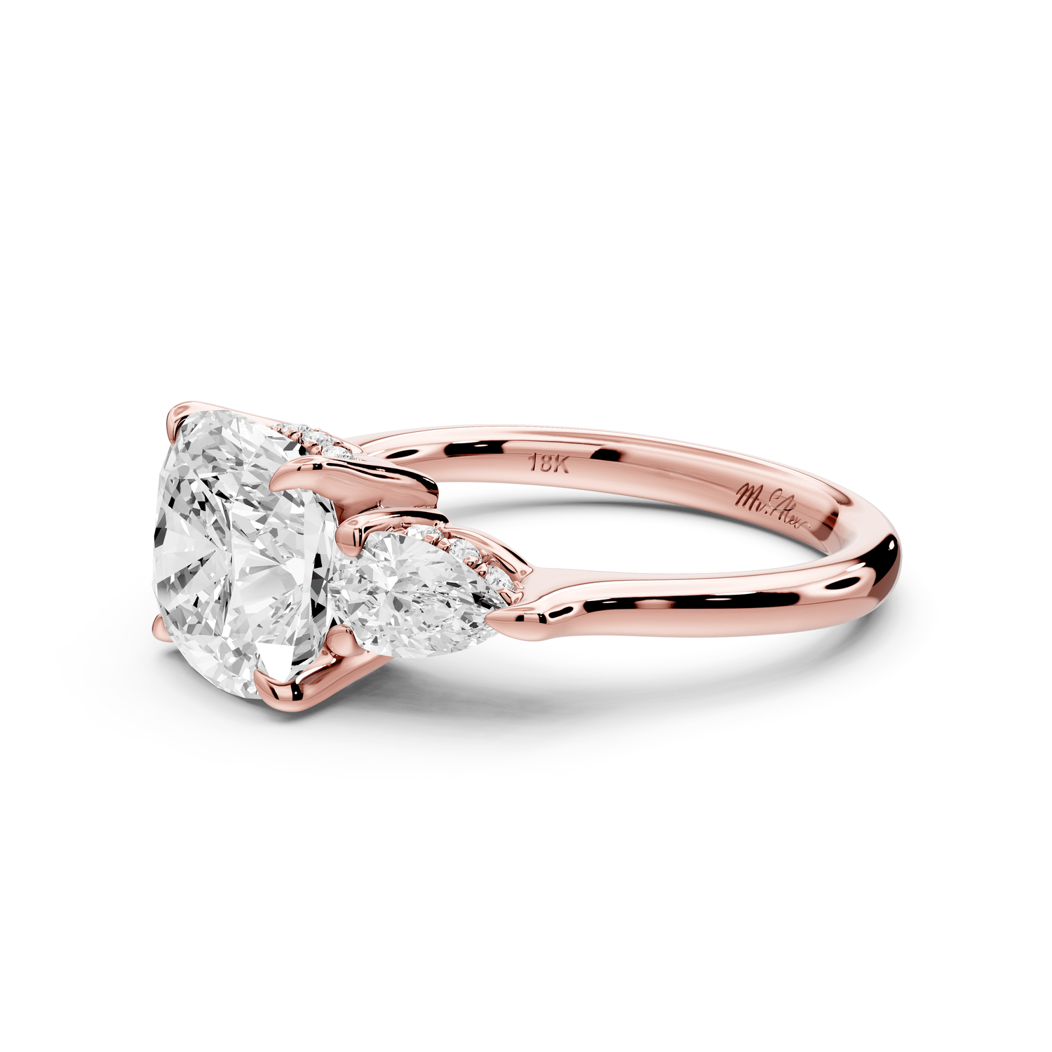 Stella - 3ct 18k rose gold Three Stone cushion with pears Hidden Halo Engagement Ring - Mr. Alex Jewelry