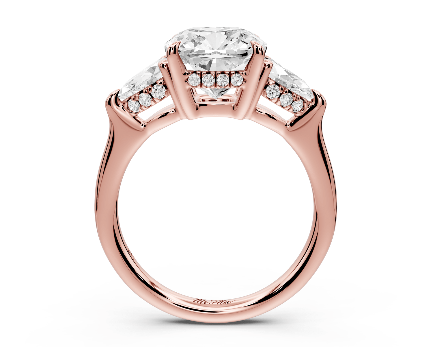 Stella - 3ct 18k rose gold Three Stone cushion with pears Hidden Halo Engagement Ring - Mr. Alex Jewelry