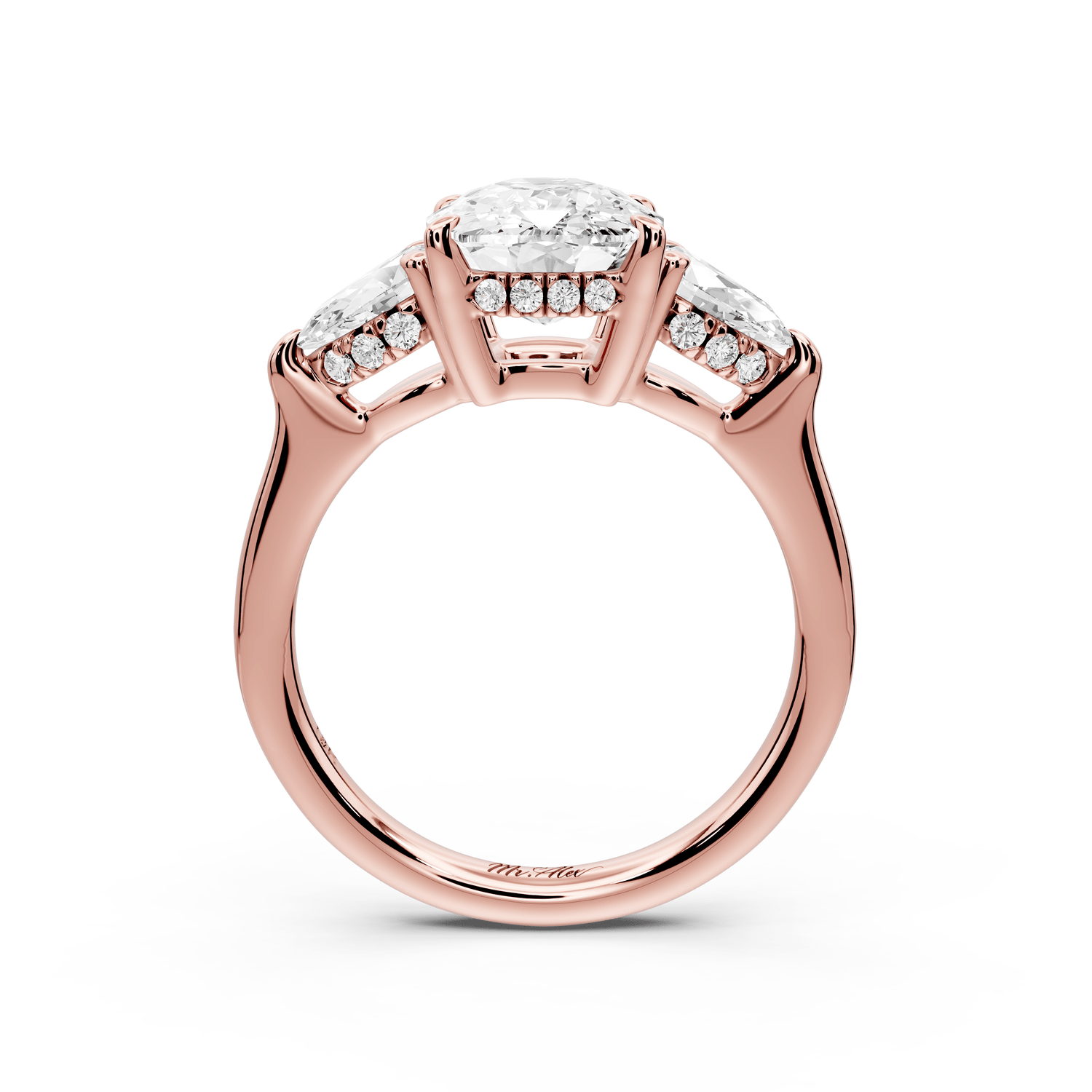 Stella - 3ct 18k rose gold Three Stone ecushion with pears Hidden Halo Engagement Ring - Mr. Alex Jewelry