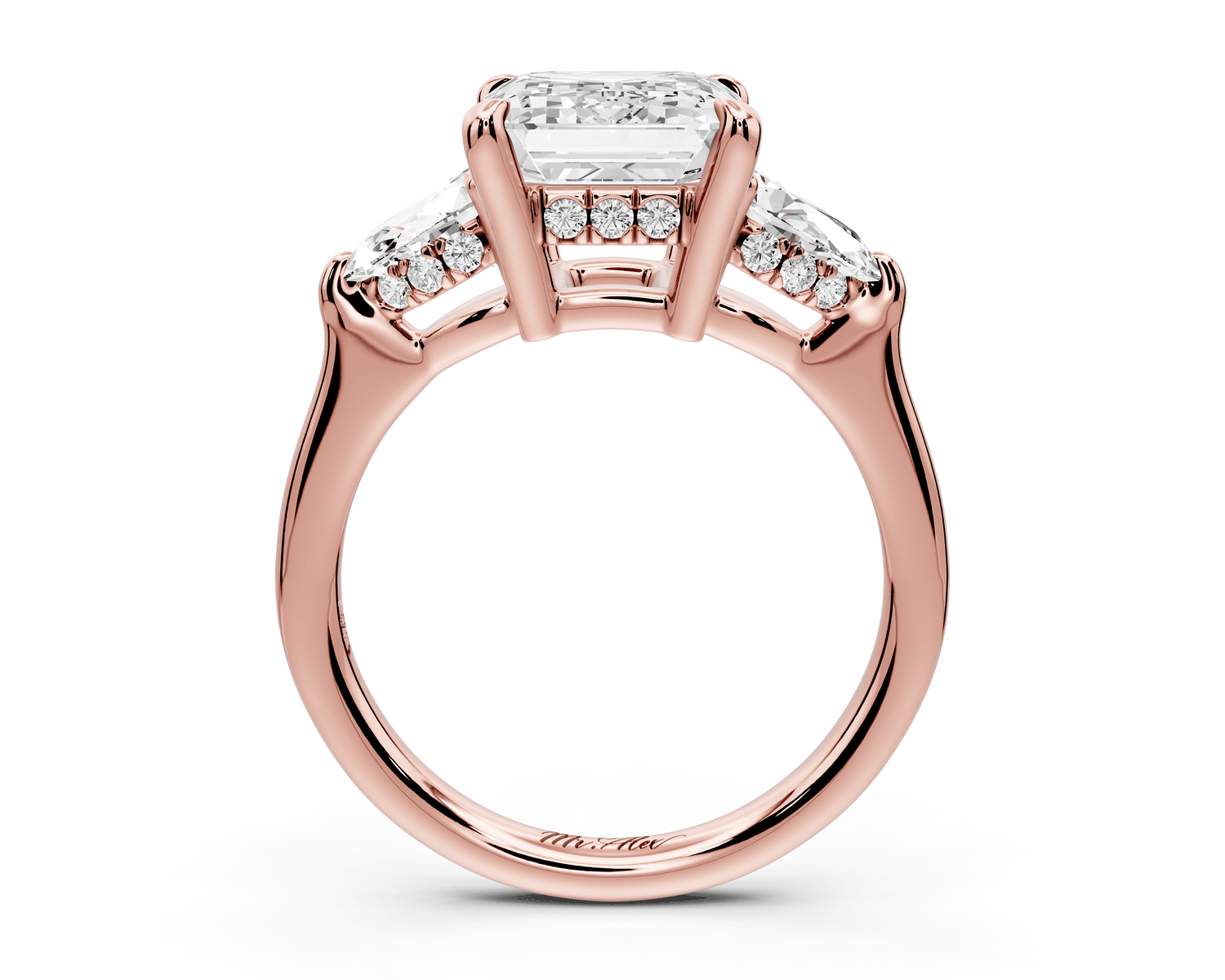 Stella - 3ct 18k rose gold Three Stone emerald with pears Hidden Halo Engagement Ring - Mr. Alex Jewelry