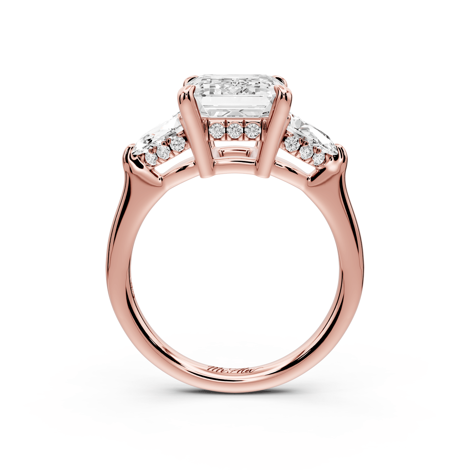Stella - 3ct 18k rose gold Three Stone emerald with pears Hidden Halo Engagement Ring - Mr. Alex Jewelry