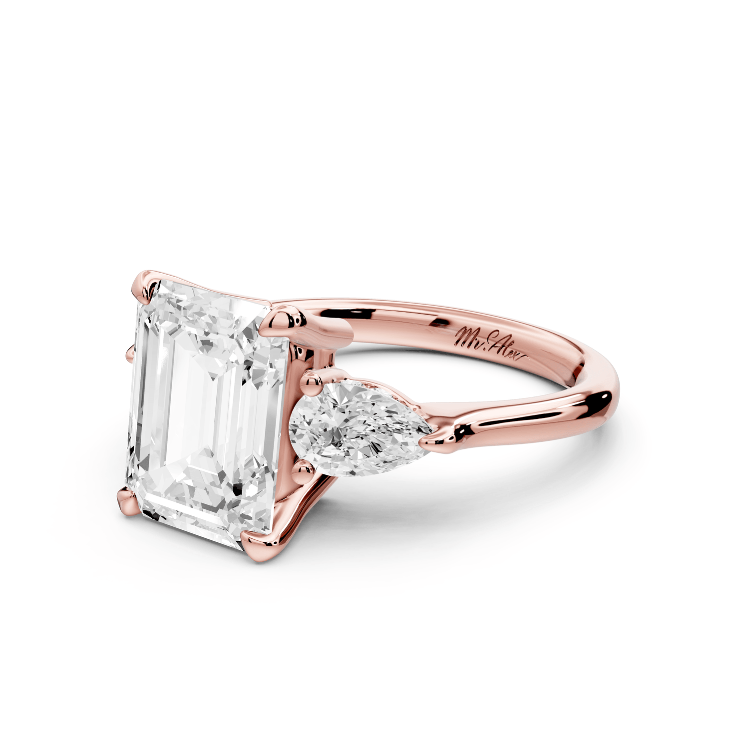 Stella - 3ct 18k rose gold Three Stone emerald with pears Hidden Halo Engagement Ring - Mr. Alex Jewelry