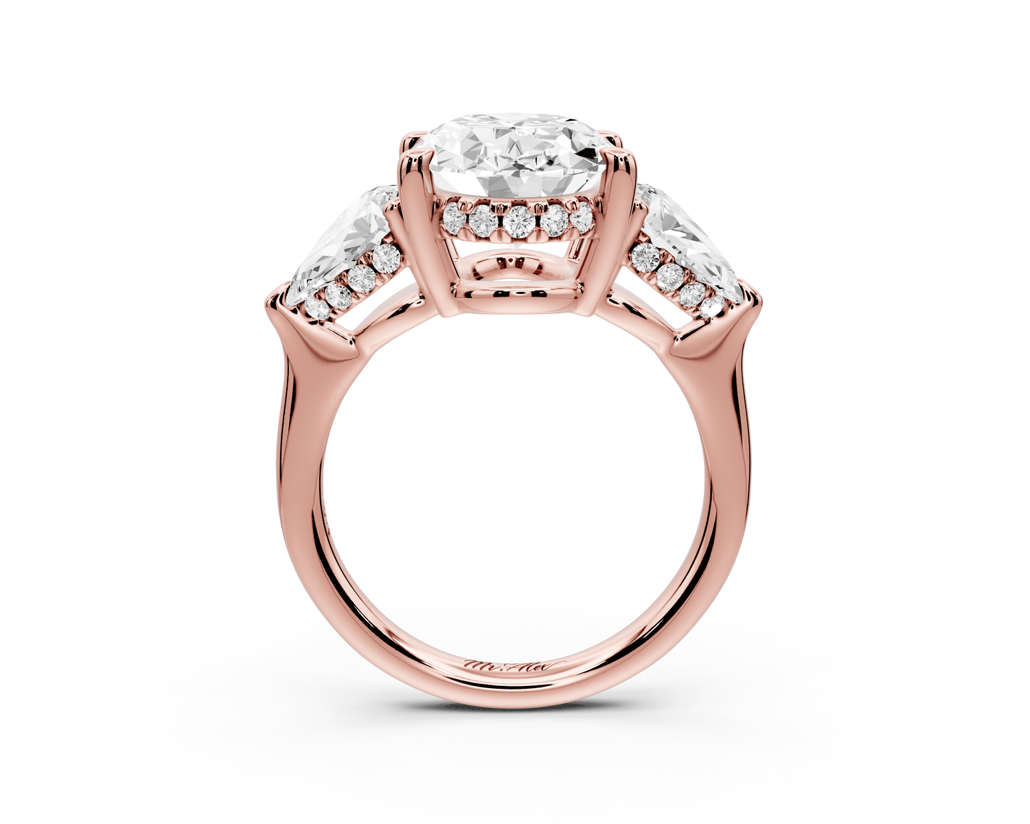 Stella - 3ct 18k rose gold Three Stone oval with pears Hidden Halo Engagement Ring - Mr. Alex Jewelry