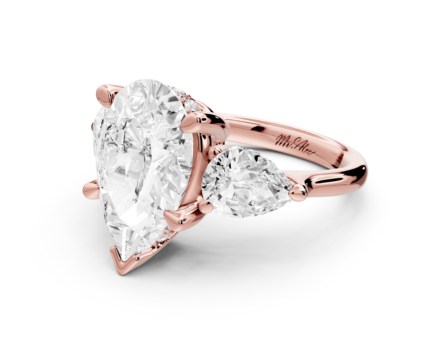 Stella - 3ct 18k rose gold Three Stone pear with pears Hidden Halo Engagement Ring - Mr. Alex Jewelry