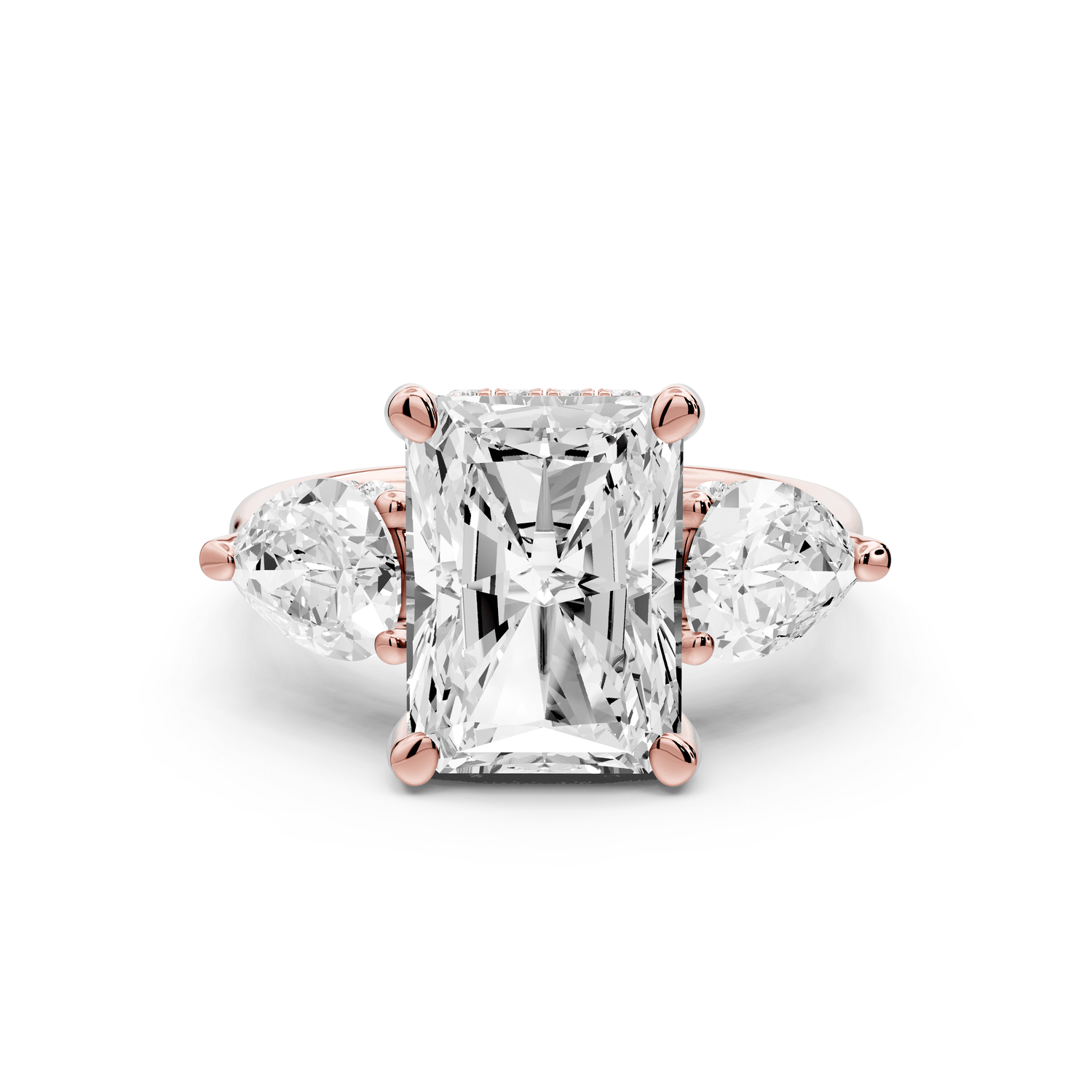 Stella - 3ct 18k rose gold Three Stone radiant with pears Hidden Halo Engagement Ring - Mr. Alex Jewelry