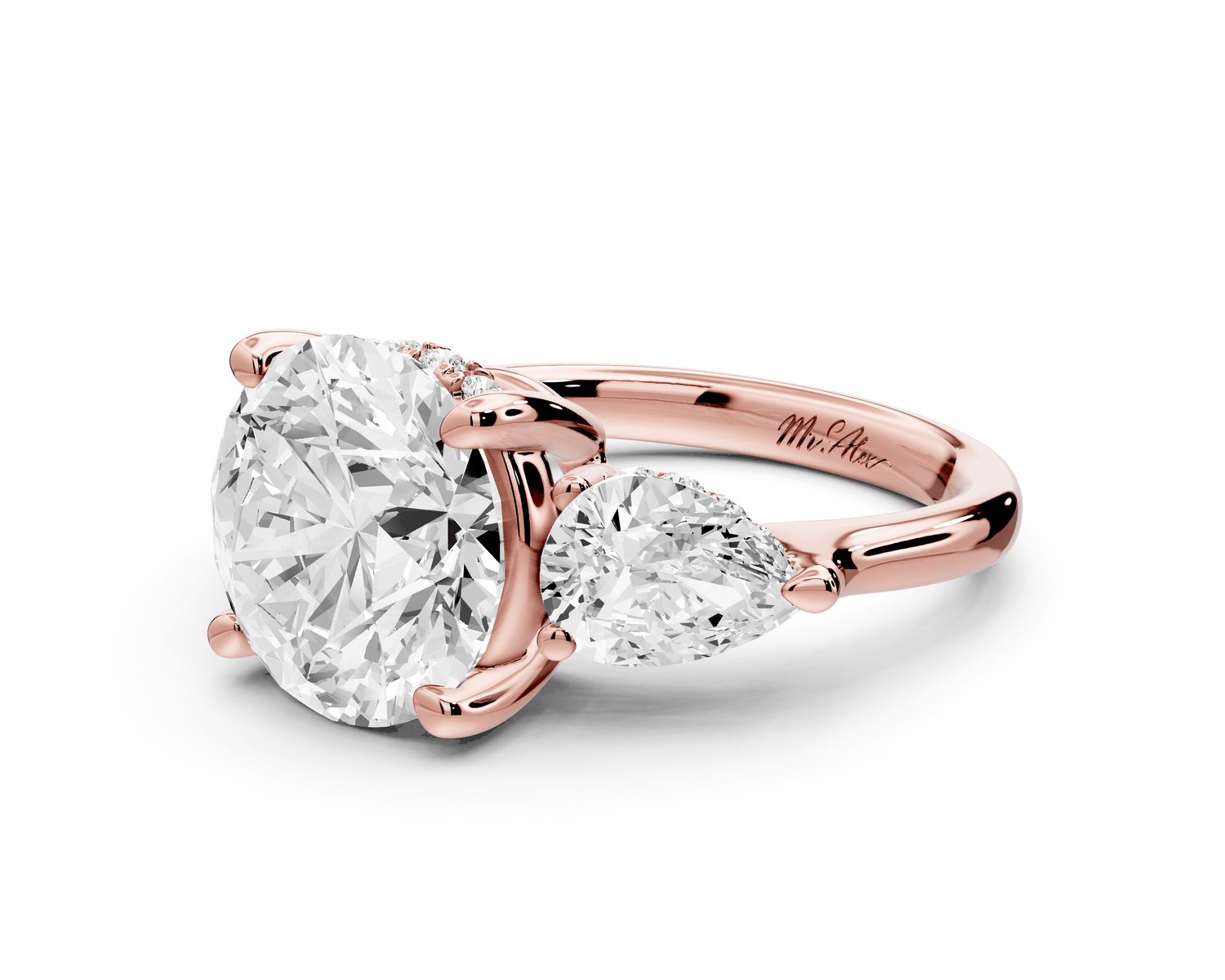 Stella - 3ct 18k rose gold Three Stone round with pears Hidden Halo Engagement Ring - Mr. Alex Jewelry