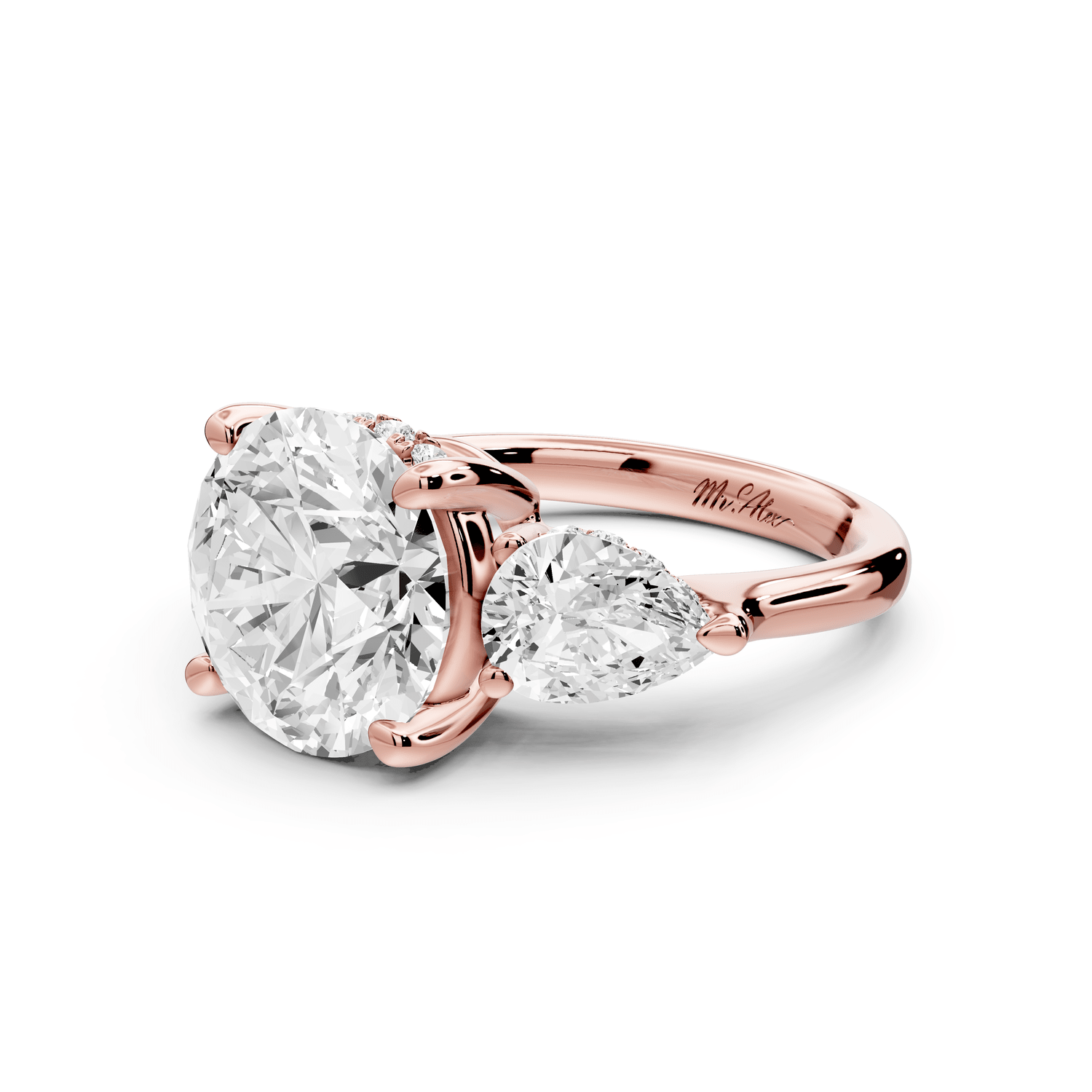Stella - 3ct 18k rose gold Three Stone round with pears Hidden Halo Engagement Ring - Mr. Alex Jewelry