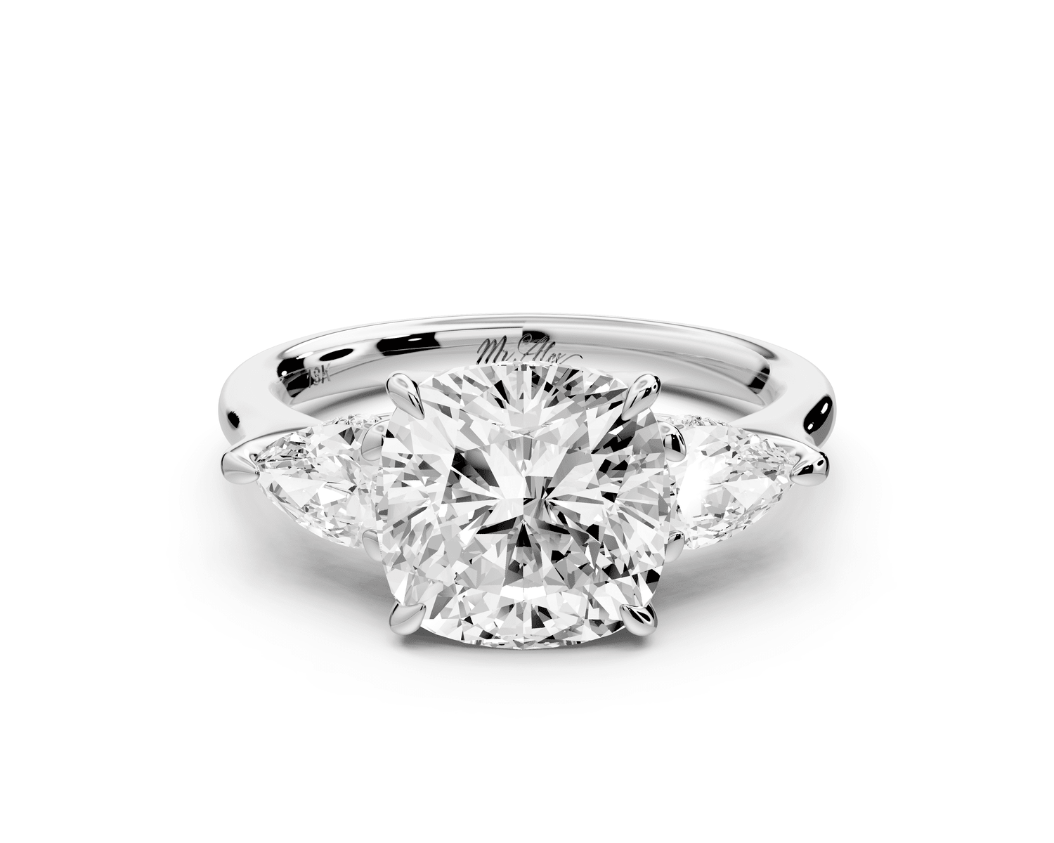 Stella - 3ct 18k white gold Three Stone cushion with pears Hidden Halo Engagement Ring - Mr. Alex Jewelry