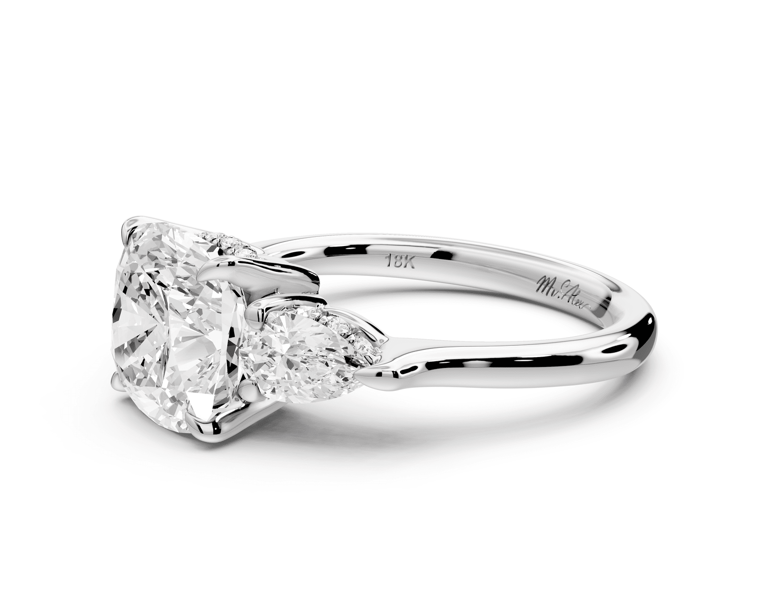 Stella - 3ct 18k white gold Three Stone cushion with pears Hidden Halo Engagement Ring - Mr. Alex Jewelry