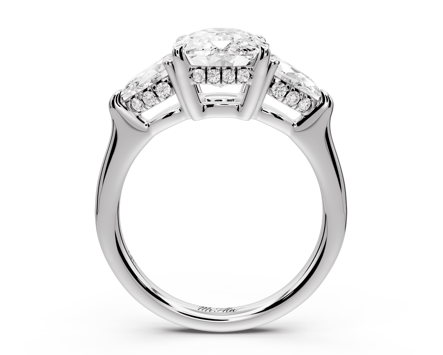 Stella - 3ct 18k white gold Three Stone ecushion with pears Hidden Halo Engagement Ring - Mr. Alex Jewelry