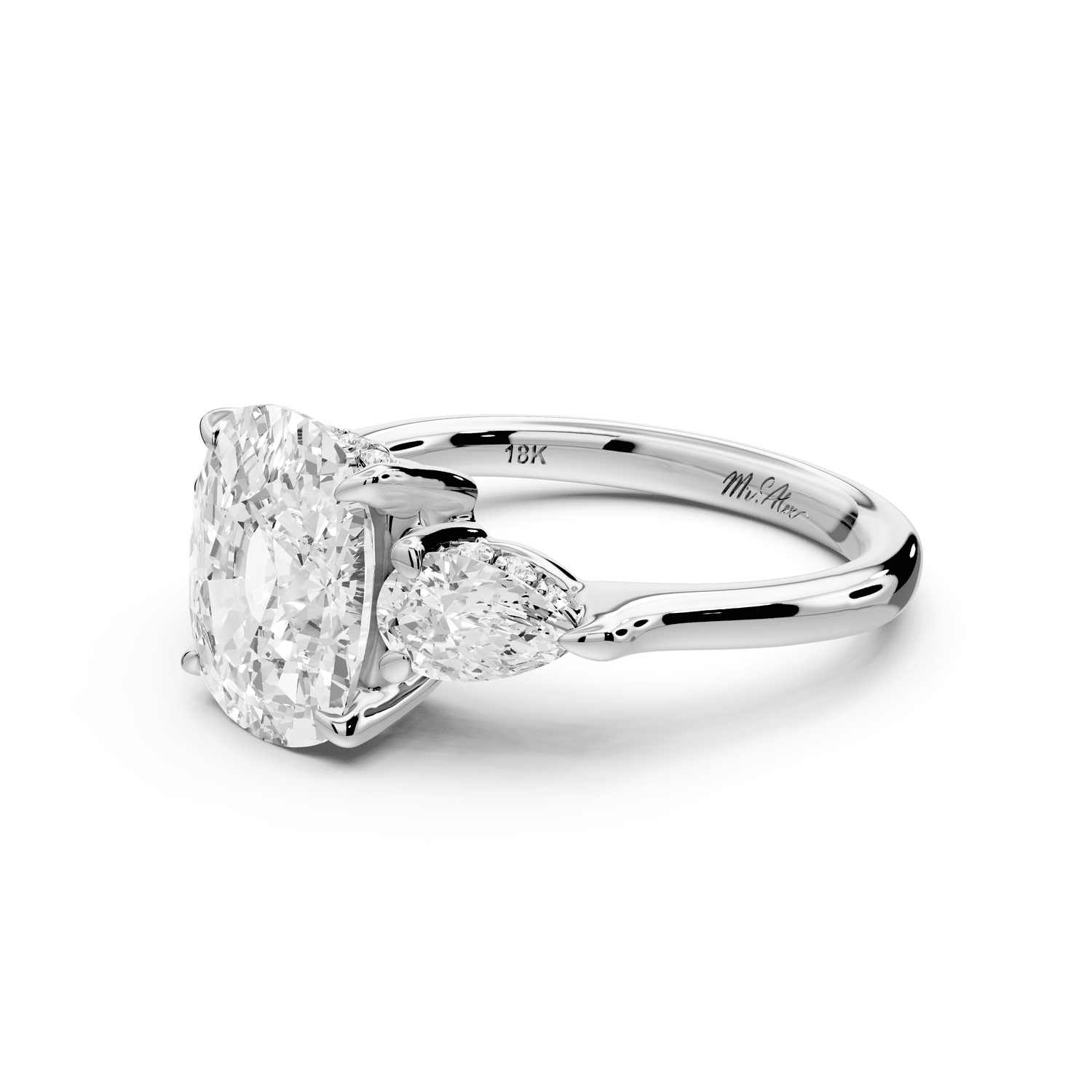 Stella - 3ct 18k white gold Three Stone ecushion with pears Hidden Halo Engagement Ring - Mr. Alex Jewelry