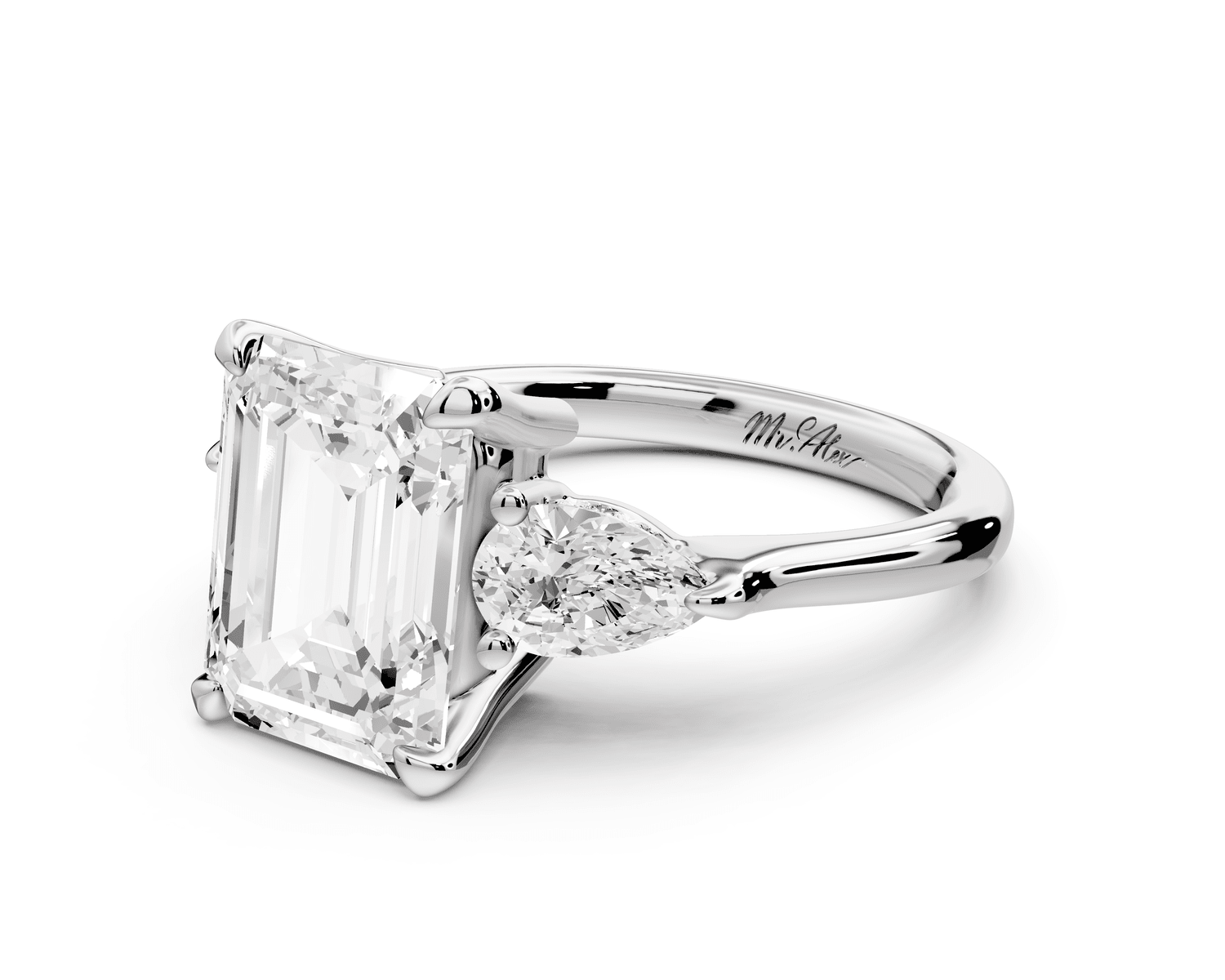 Stella - 3ct 18k white gold Three Stone emerald with pears Hidden Halo Engagement Ring - Mr. Alex Jewelry