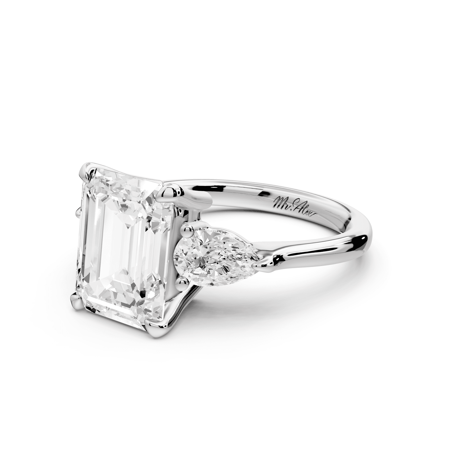 Stella - 3ct 18k white gold Three Stone emerald with pears Hidden Halo Engagement Ring - Mr. Alex Jewelry