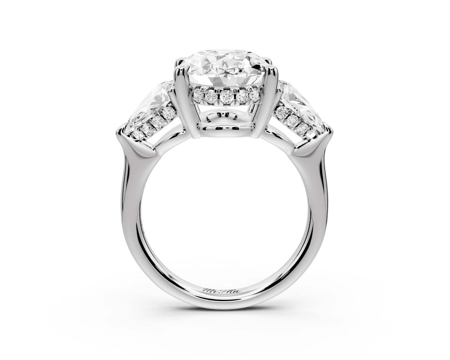 Stella - 3ct 18k white gold Three Stone oval with pears Hidden Halo Engagement Ring - Mr. Alex Jewelry