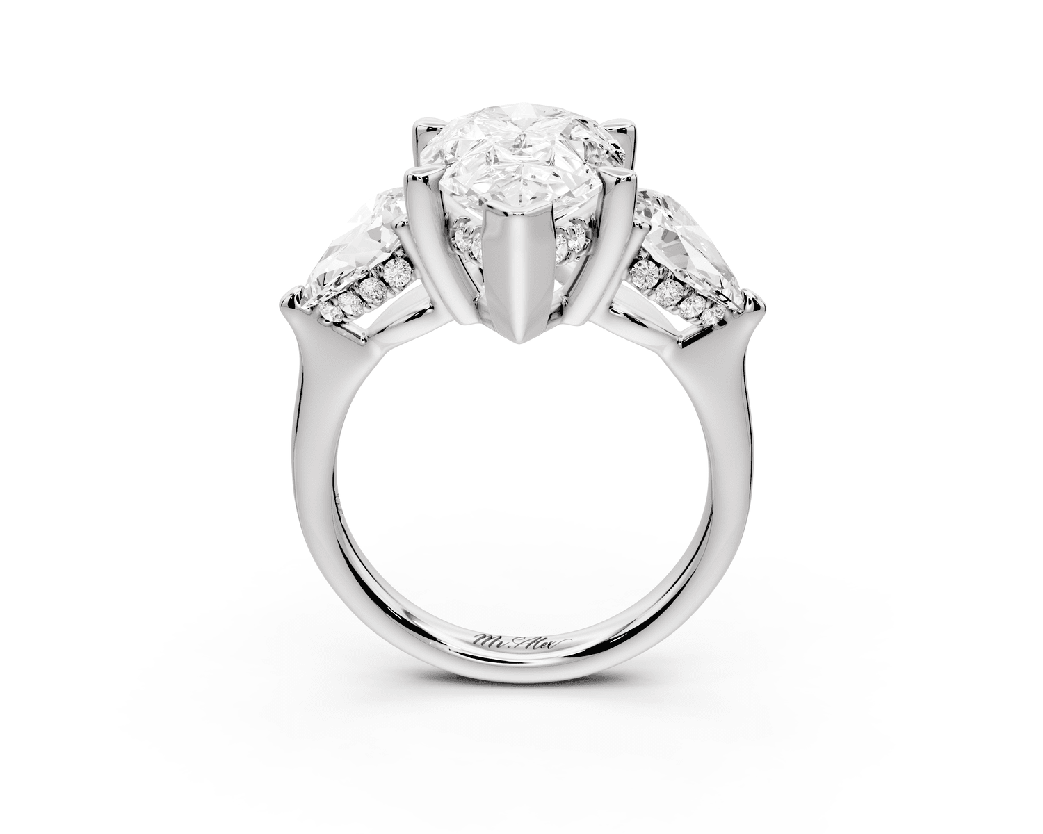 Stella - 3ct 18k white gold Three Stone pear with pears Hidden Halo Engagement Ring - Mr. Alex Jewelry