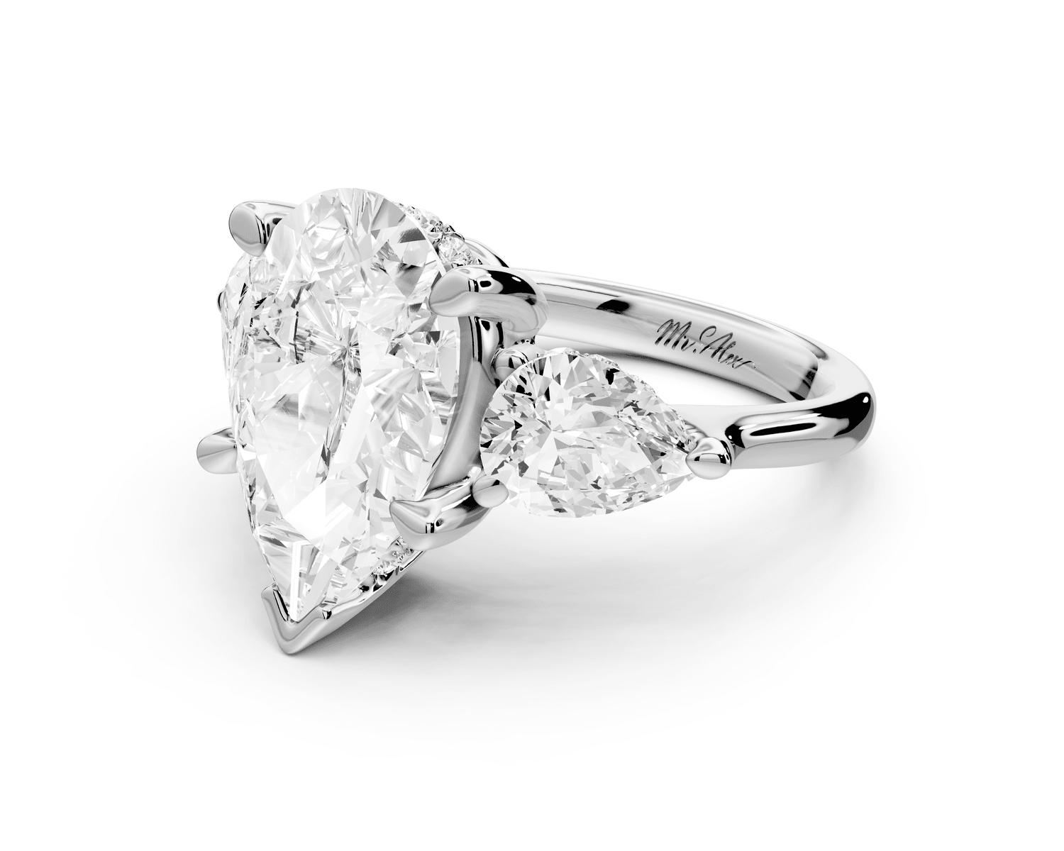 Stella - 3ct 18k white gold Three Stone pear with pears Hidden Halo Engagement Ring - Mr. Alex Jewelry