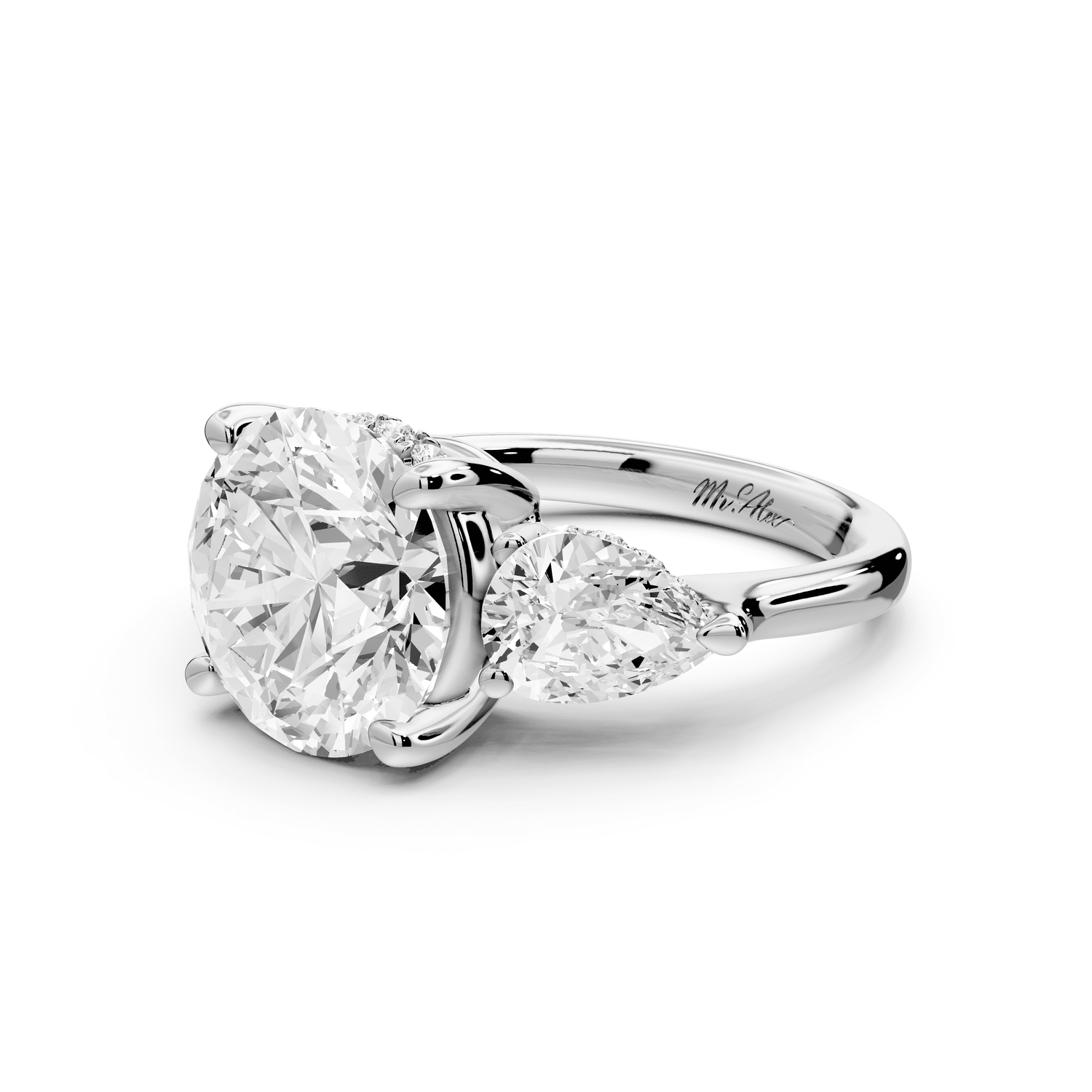 Stella - 3ct 18k white gold Three Stone round with pears Hidden Halo Engagement Ring - Mr. Alex Jewelry