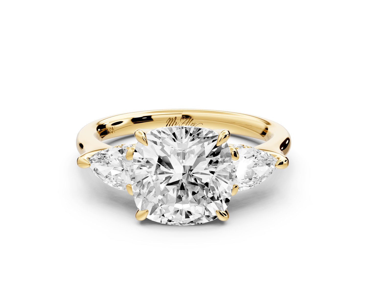 Stella - 3ct 18k yellow gold Three Stone cushion with pears Hidden Halo Engagement Ring - Mr. Alex Jewelry