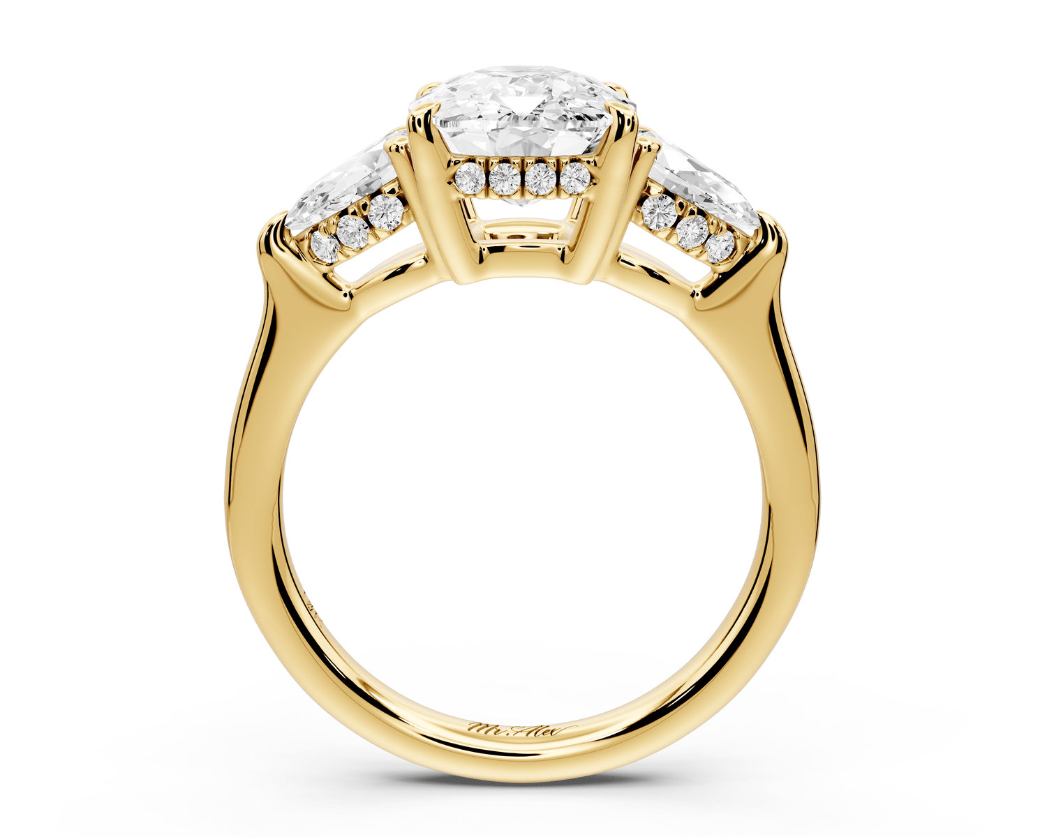 Stella - 3ct 18k yellow gold Three Stone ecushion with pears Hidden Halo Engagement Ring - Mr. Alex Jewelry