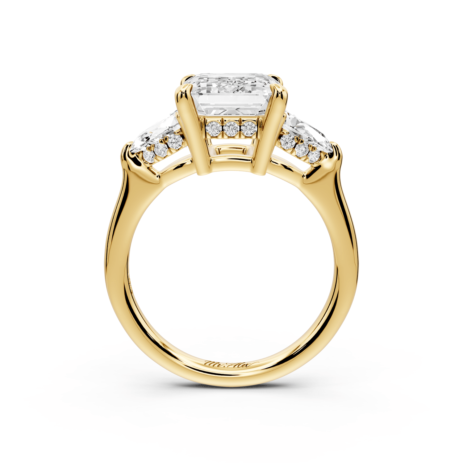 Stella - 3ct 18k yellow gold Three Stone emerald with pears Hidden Halo Engagement Ring - Mr. Alex Jewelry