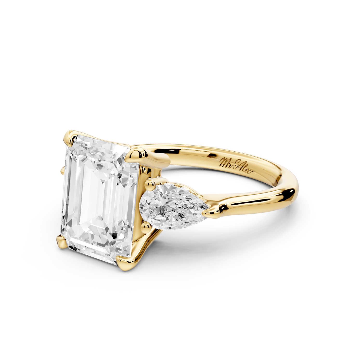 Stella - 3ct 18k yellow gold Three Stone emerald with pears Hidden Halo Engagement Ring - Mr. Alex Jewelry