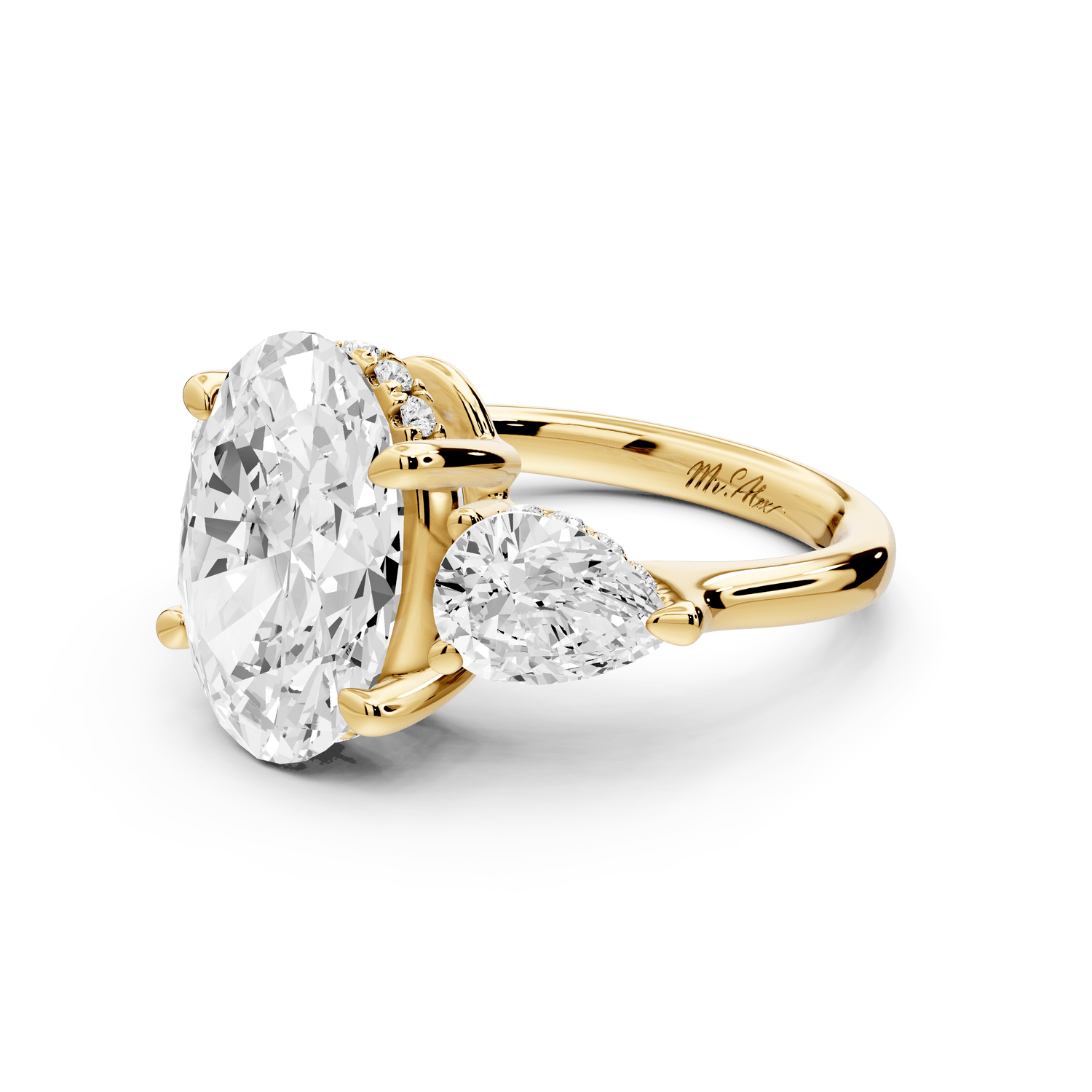 Stella - 3ct 18k yellow gold Three Stone oval with pears Hidden Halo Engagement Ring - Mr. Alex Jewelry