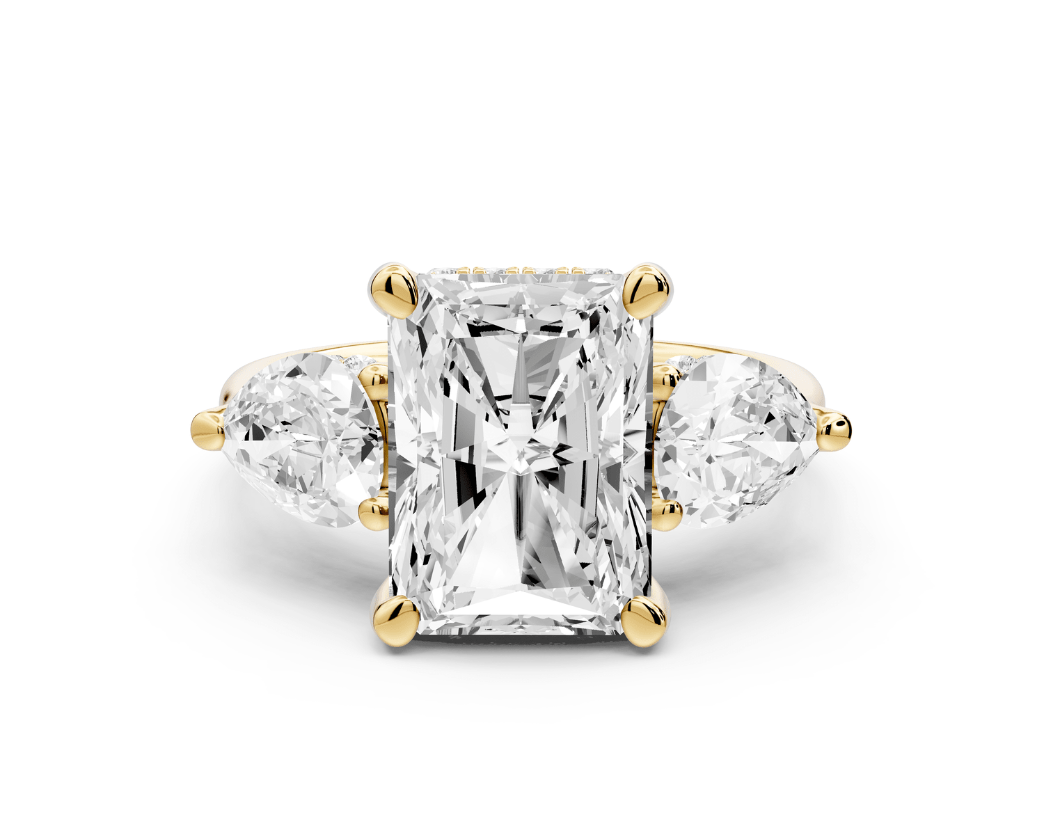 Stella - 3ct 18k yellow gold Three Stone radiant with pears Hidden Halo Engagement Ring - Mr. Alex Jewelry