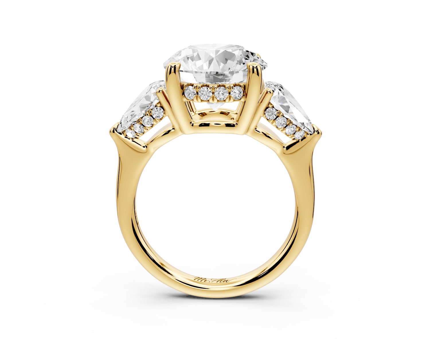 Stella - 3ct 18k yellow gold Three Stone round with pears Hidden Halo Engagement Ring - Mr. Alex Jewelry