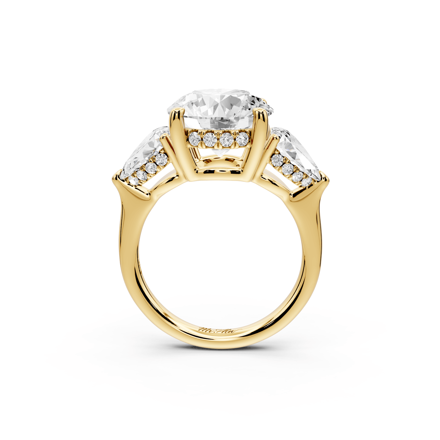 Stella - 3ct 18k yellow gold Three Stone round with pears Hidden Halo Engagement Ring - Mr. Alex Jewelry