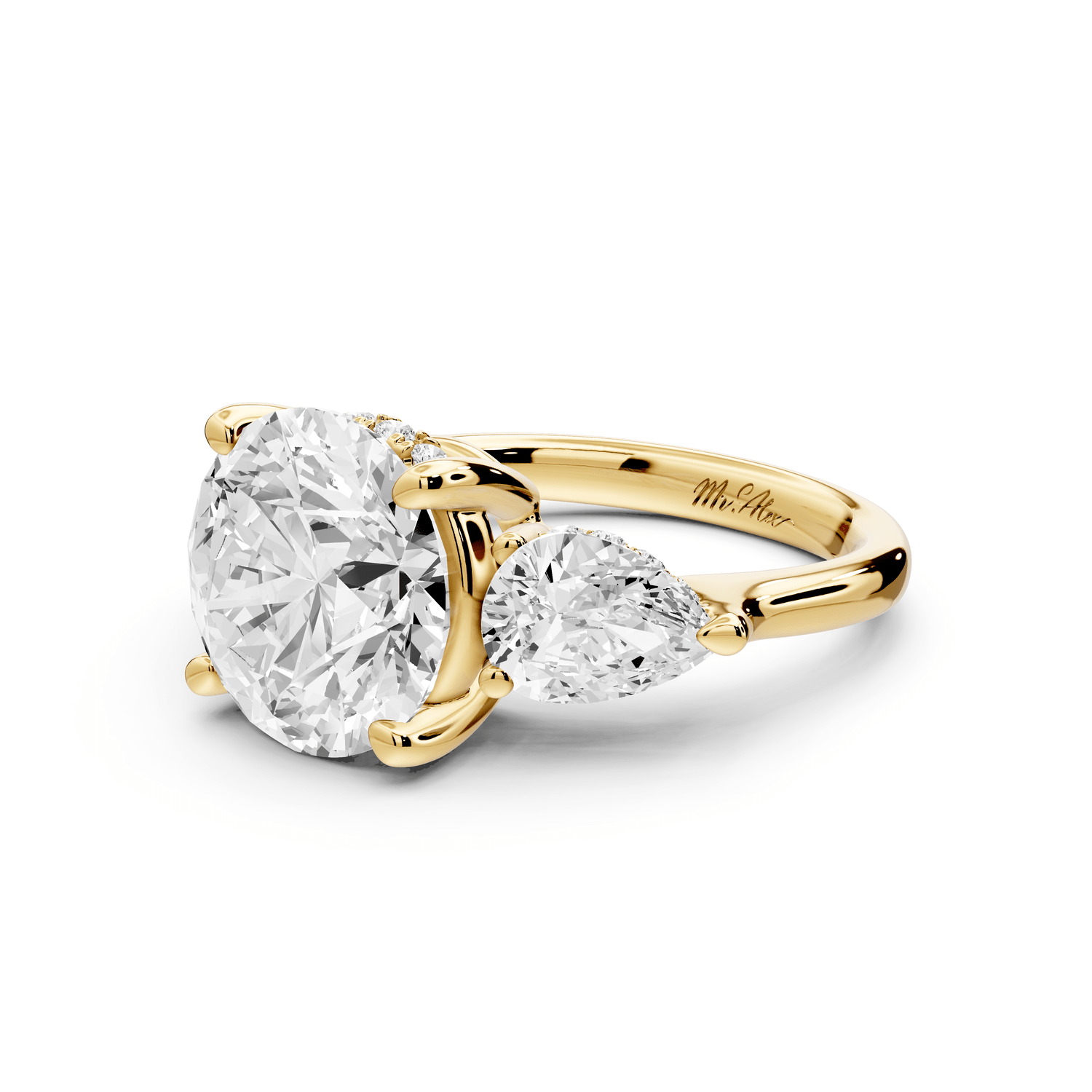 Stella - 3ct 18k yellow gold Three Stone round with pears Hidden Halo Engagement Ring - Mr. Alex Jewelry