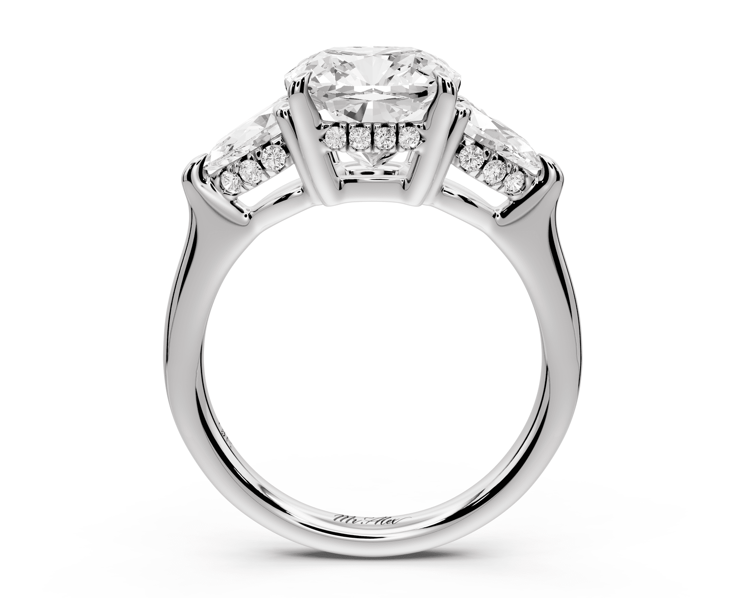 Stella - 3ct platinum Three Stone cushion with pears Hidden Halo Engagement Ring - Mr. Alex Jewelry