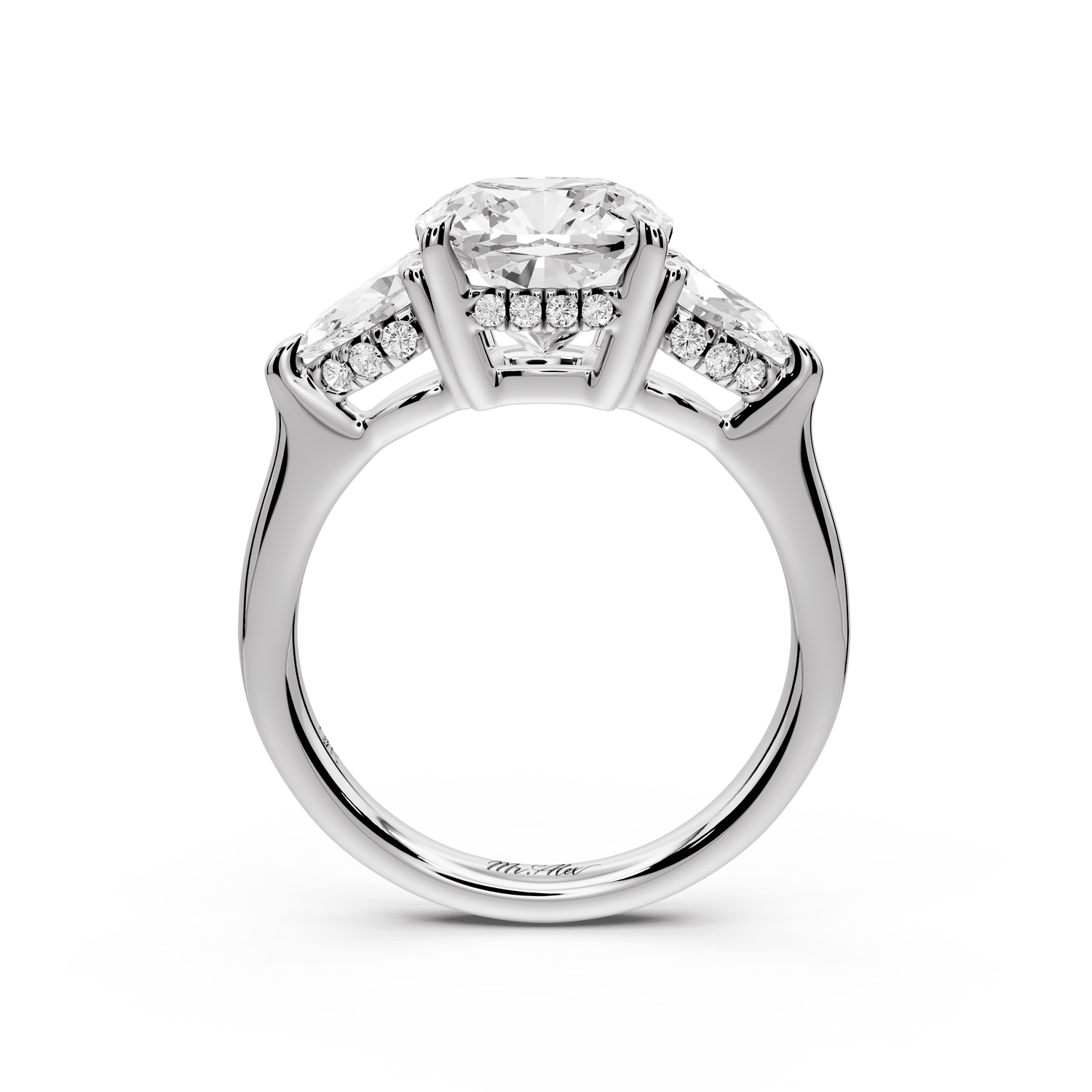 Stella - 3ct platinum Three Stone cushion with pears Hidden Halo Engagement Ring - Mr. Alex Jewelry