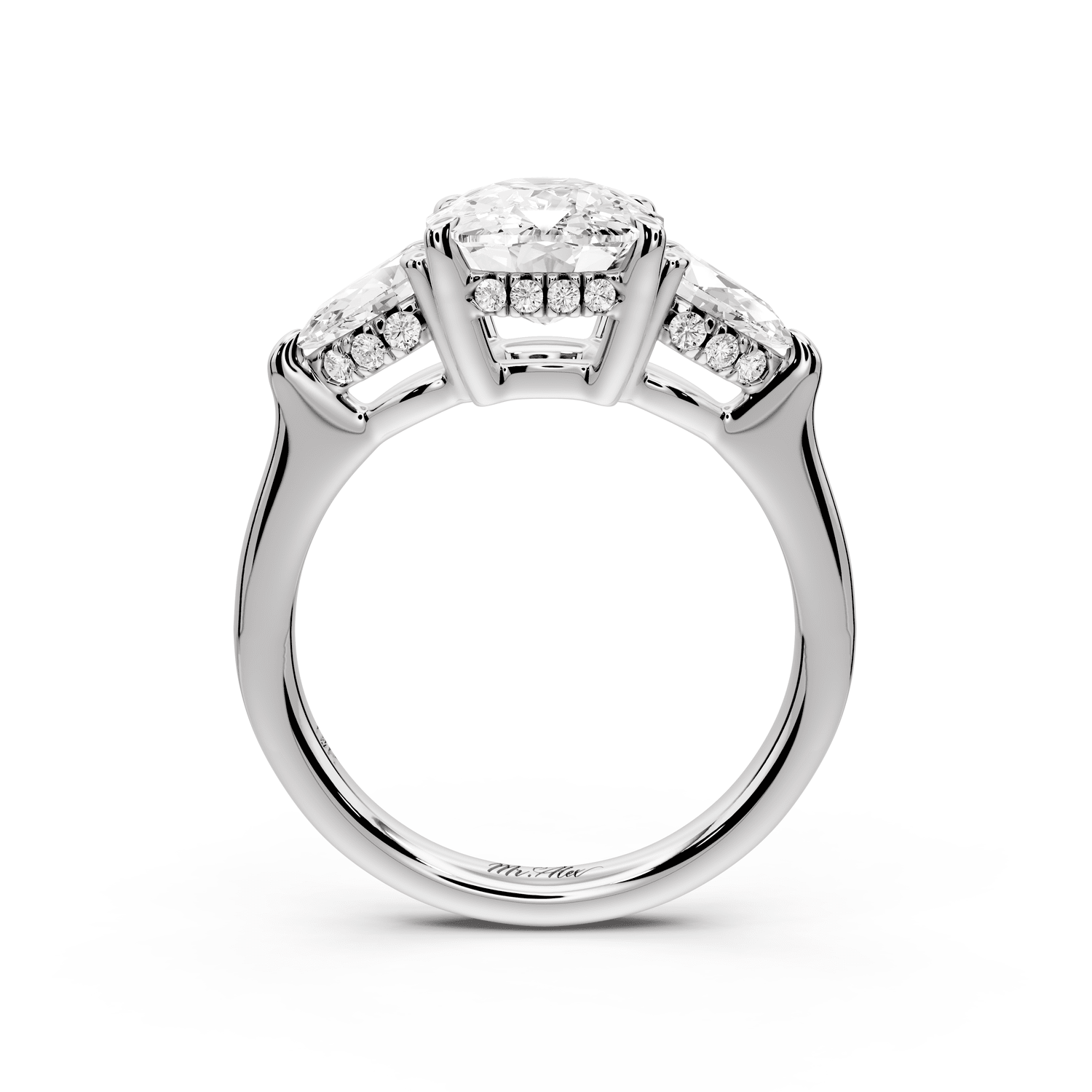 Stella - 3ct platinum Three Stone ecushion with pears Hidden Halo Engagement Ring - Mr. Alex Jewelry