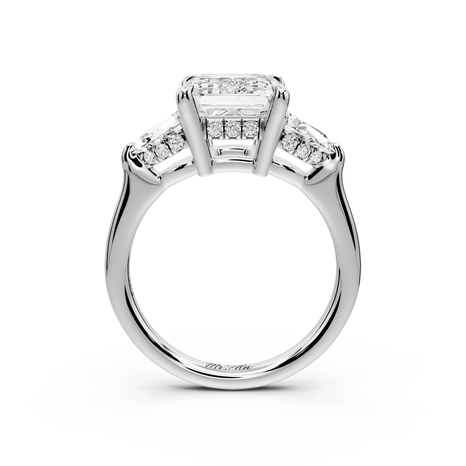 Stella - 3ct platinum Three Stone emerald with pears Hidden Halo Engagement Ring - Mr. Alex Jewelry