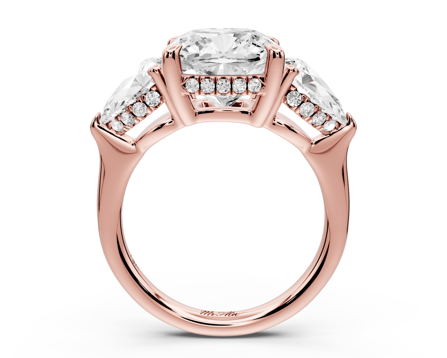 Stella - 4ct 14k rose gold Three Stone cushion with pears Hidden Halo Engagement Ring - Mr. Alex Jewelry