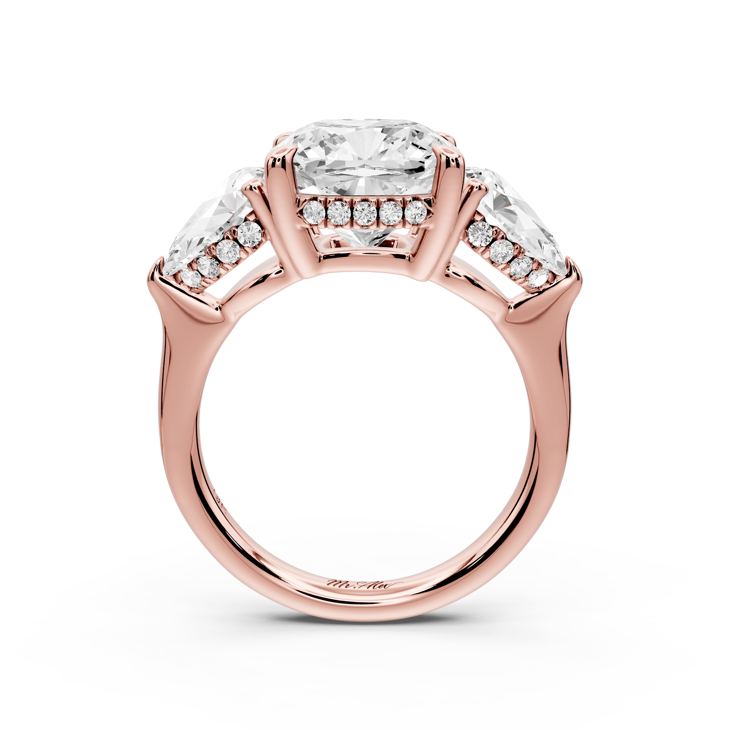 Stella - 4ct 14k rose gold Three Stone cushion with pears Hidden Halo Engagement Ring - Mr. Alex Jewelry