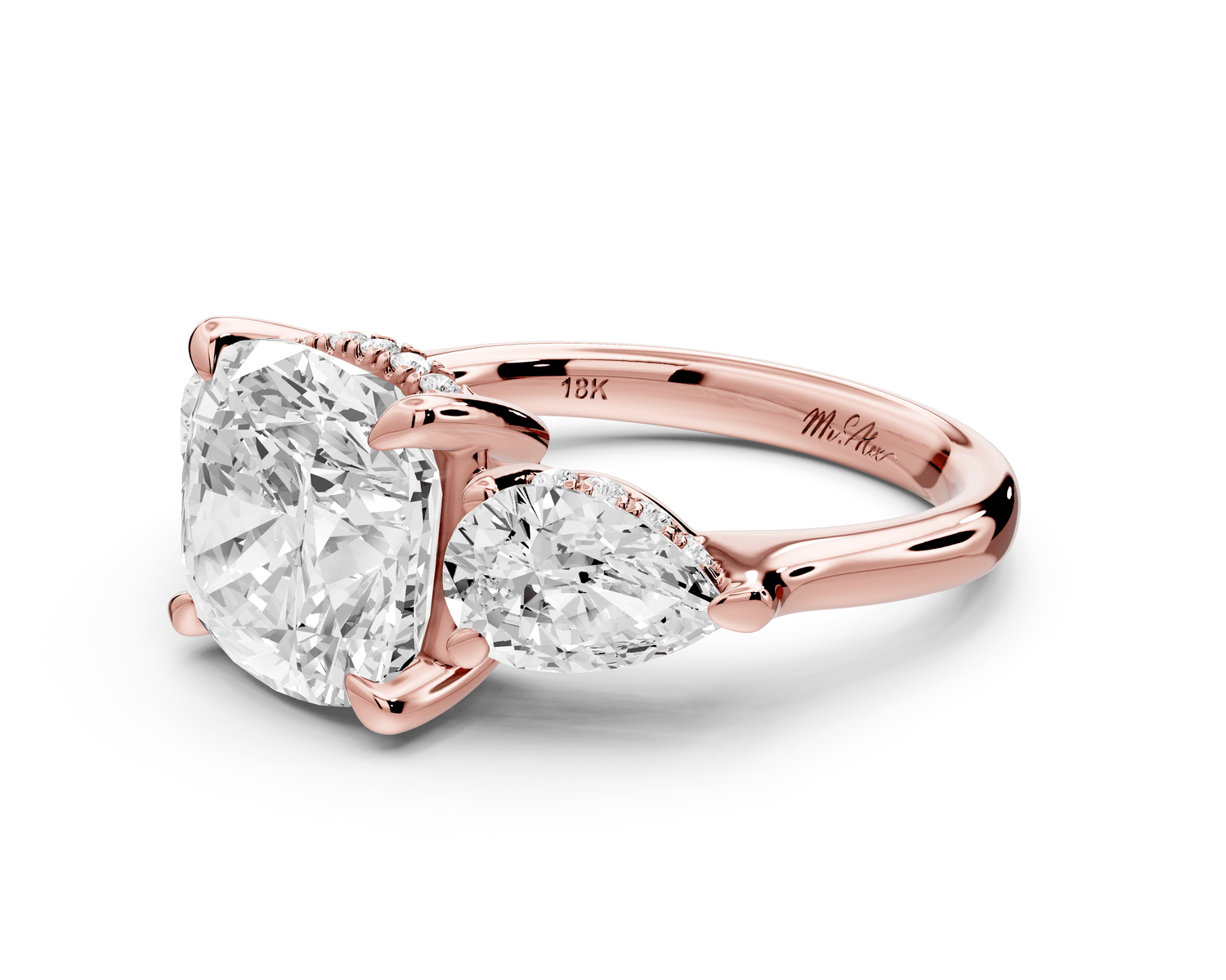 Stella - 4ct 14k rose gold Three Stone cushion with pears Hidden Halo Engagement Ring - Mr. Alex Jewelry