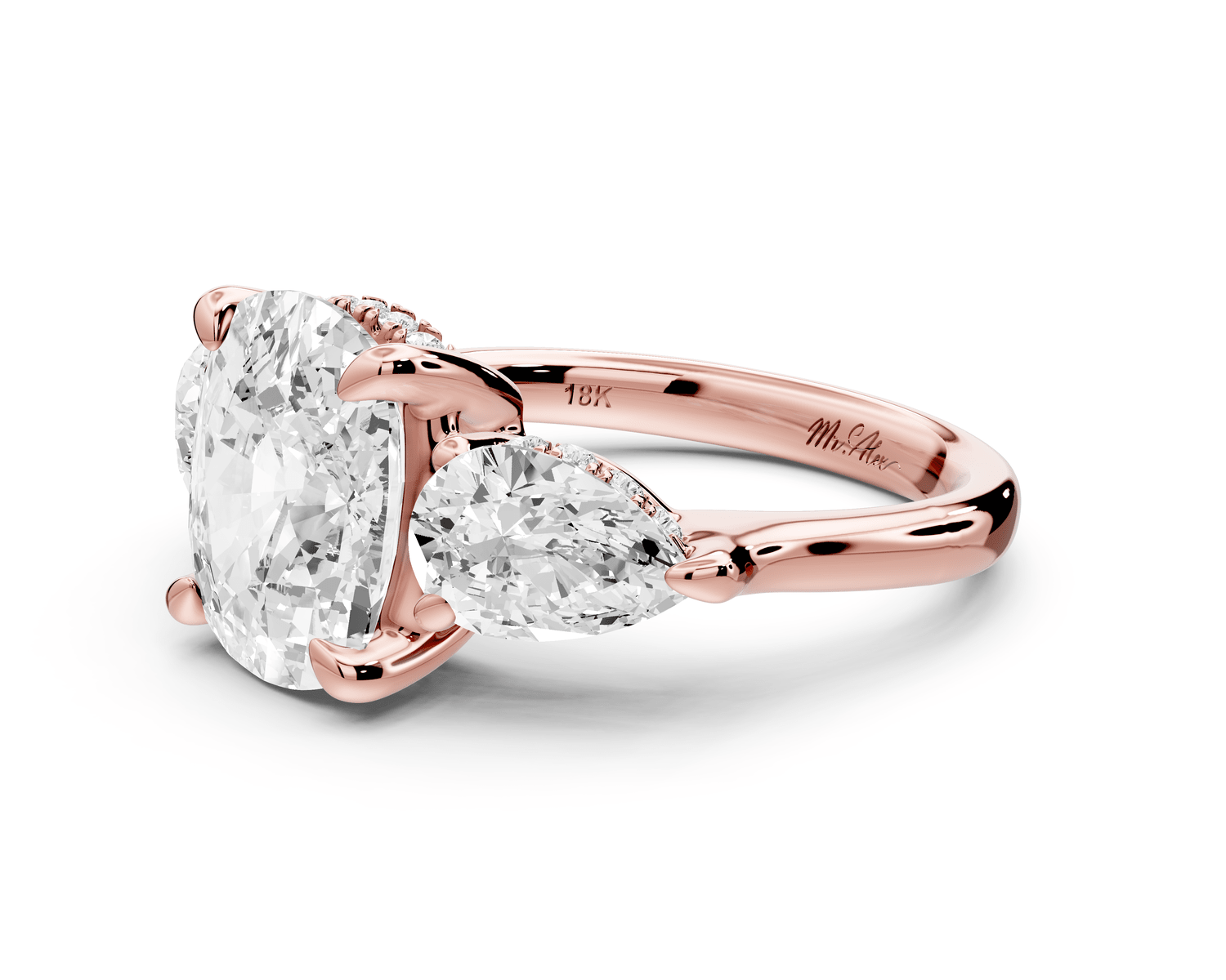 Stella - 4ct 14k rose gold Three Stone ecushion with pears Hidden Halo Engagement Ring - Mr. Alex Jewelry