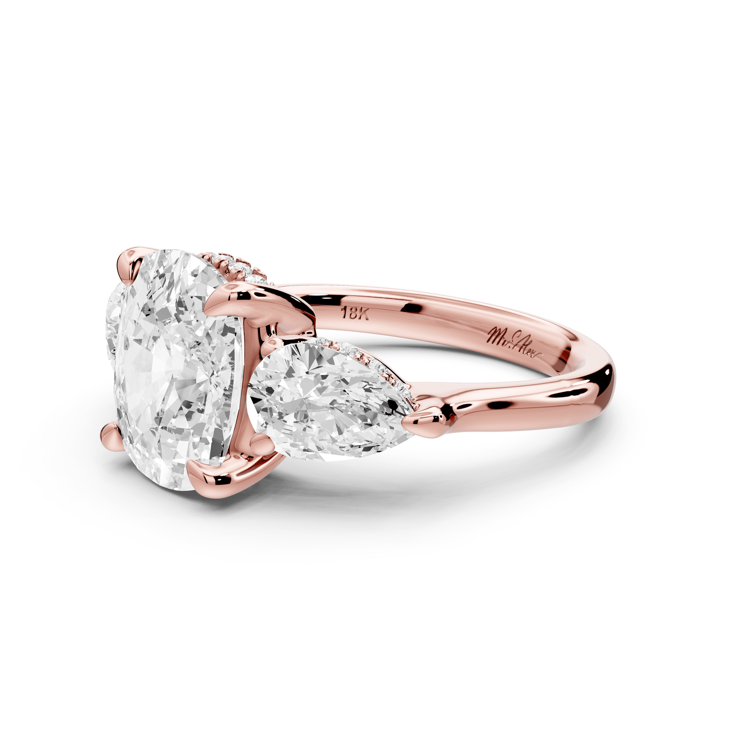 Stella - 4ct 14k rose gold Three Stone ecushion with pears Hidden Halo Engagement Ring - Mr. Alex Jewelry