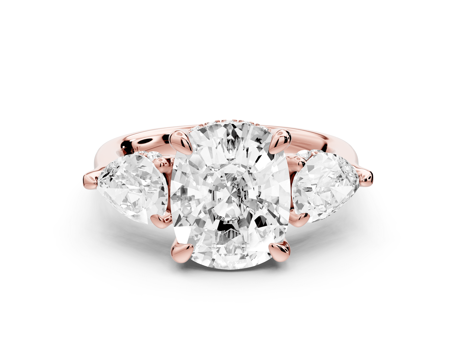 Stella - 4ct 14k rose gold Three Stone ecushion with pears Hidden Halo Engagement Ring - Mr. Alex Jewelry