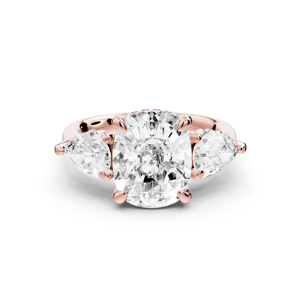 Stella - 4ct 14k rose gold Three Stone ecushion with pears Hidden Halo Engagement Ring - Mr. Alex Jewelry