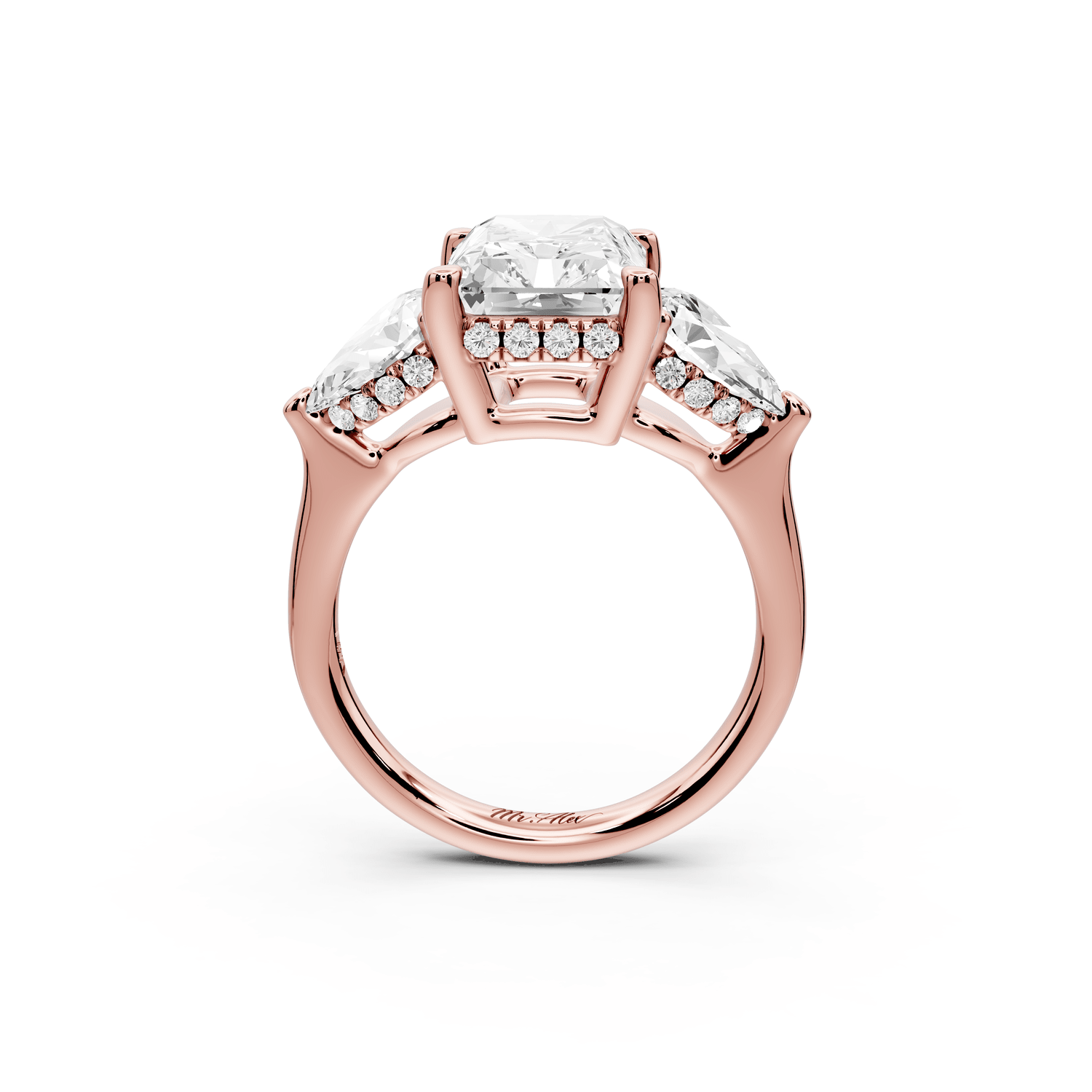 Stella - 4ct 14k rose gold Three Stone radiant with pears Hidden Halo Engagement Ring - Mr. Alex Jewelry