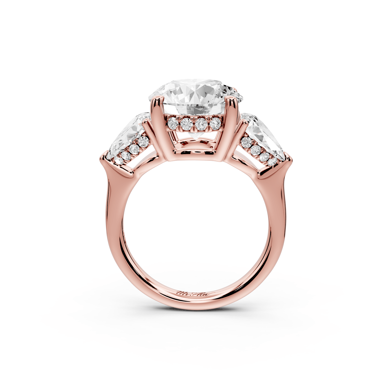 Stella - 4ct 14k rose gold Three Stone round with pears Hidden Halo Engagement Ring - Mr. Alex Jewelry