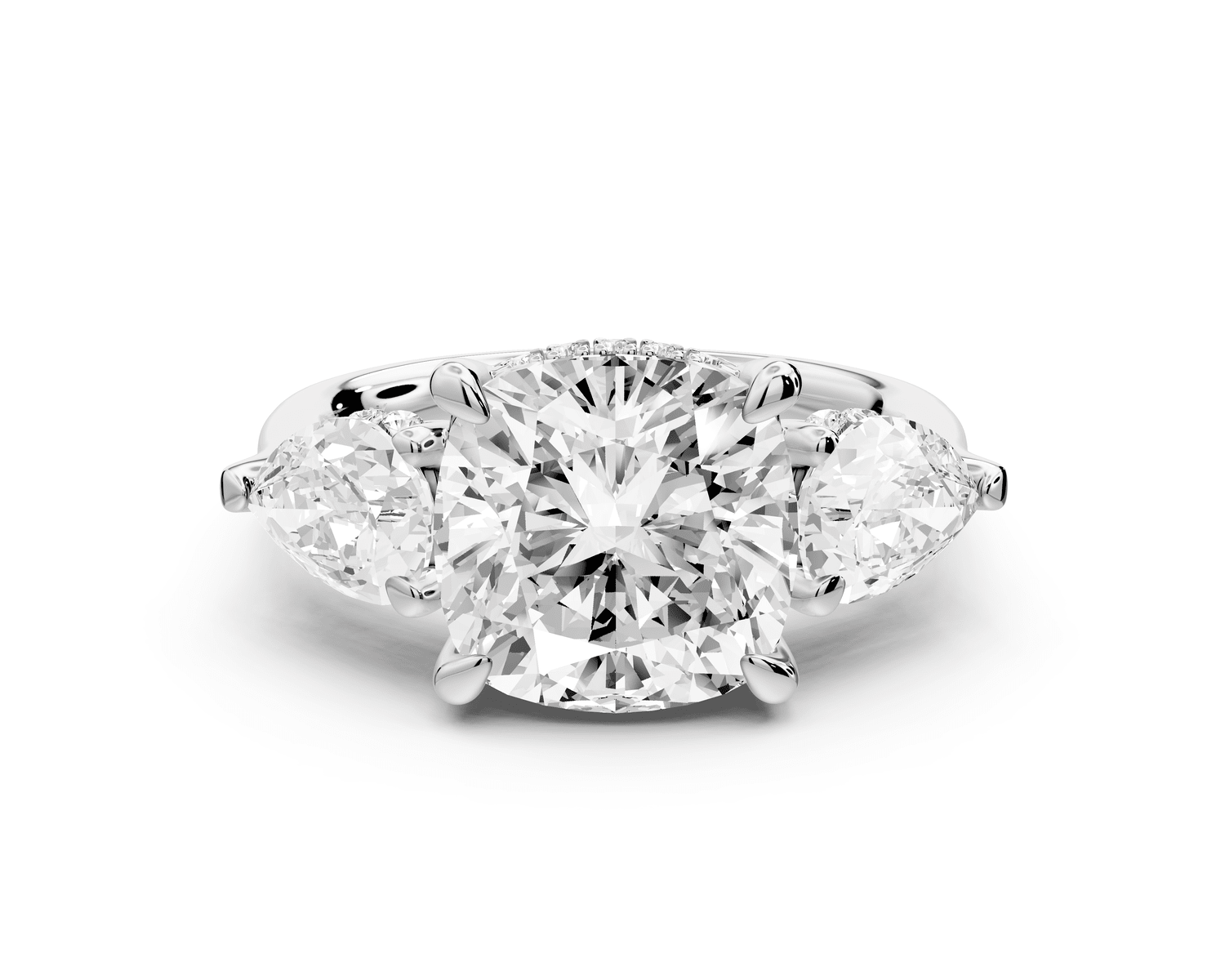 Stella - 4ct 14k white gold Three Stone cushion with pears Hidden Halo Engagement Ring - Mr. Alex Jewelry