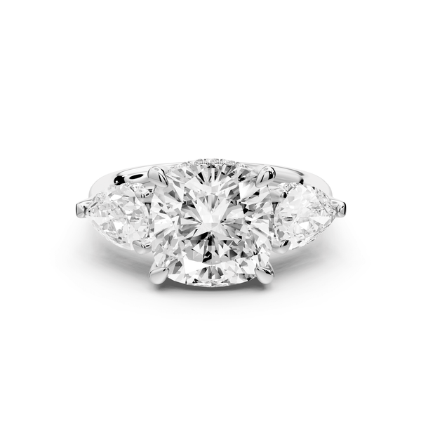 Stella - 4ct 14k white gold Three Stone cushion with pears Hidden Halo Engagement Ring - Mr. Alex Jewelry