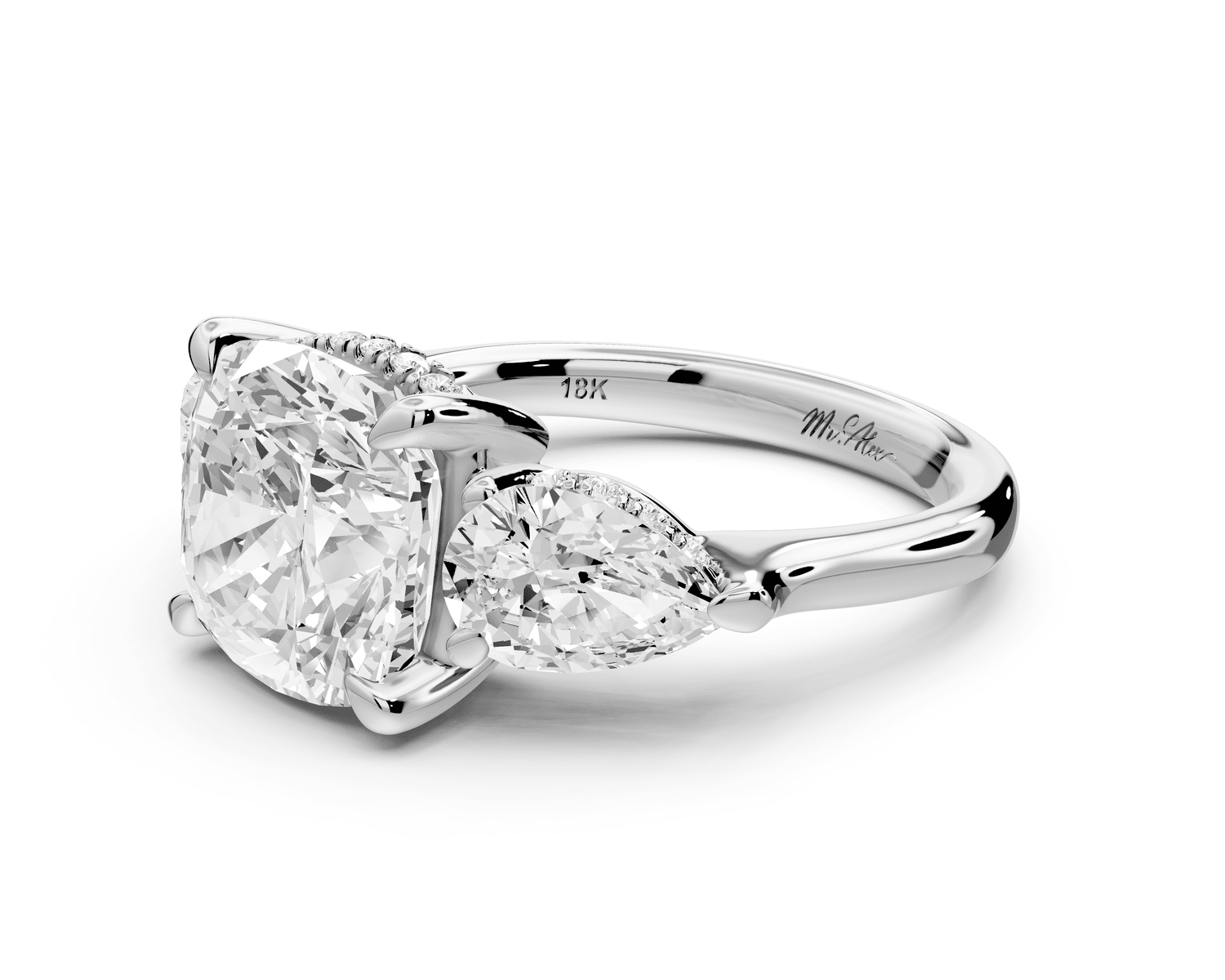 Stella - 4ct 14k white gold Three Stone cushion with pears Hidden Halo Engagement Ring - Mr. Alex Jewelry