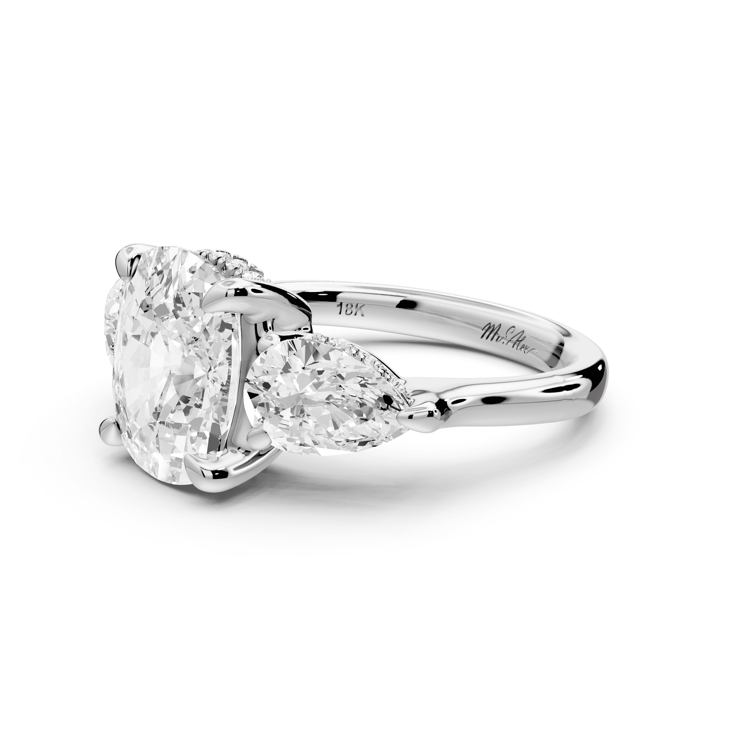 Stella - 4ct 14k white gold Three Stone ecushion with pears Hidden Halo Engagement Ring - Mr. Alex Jewelry